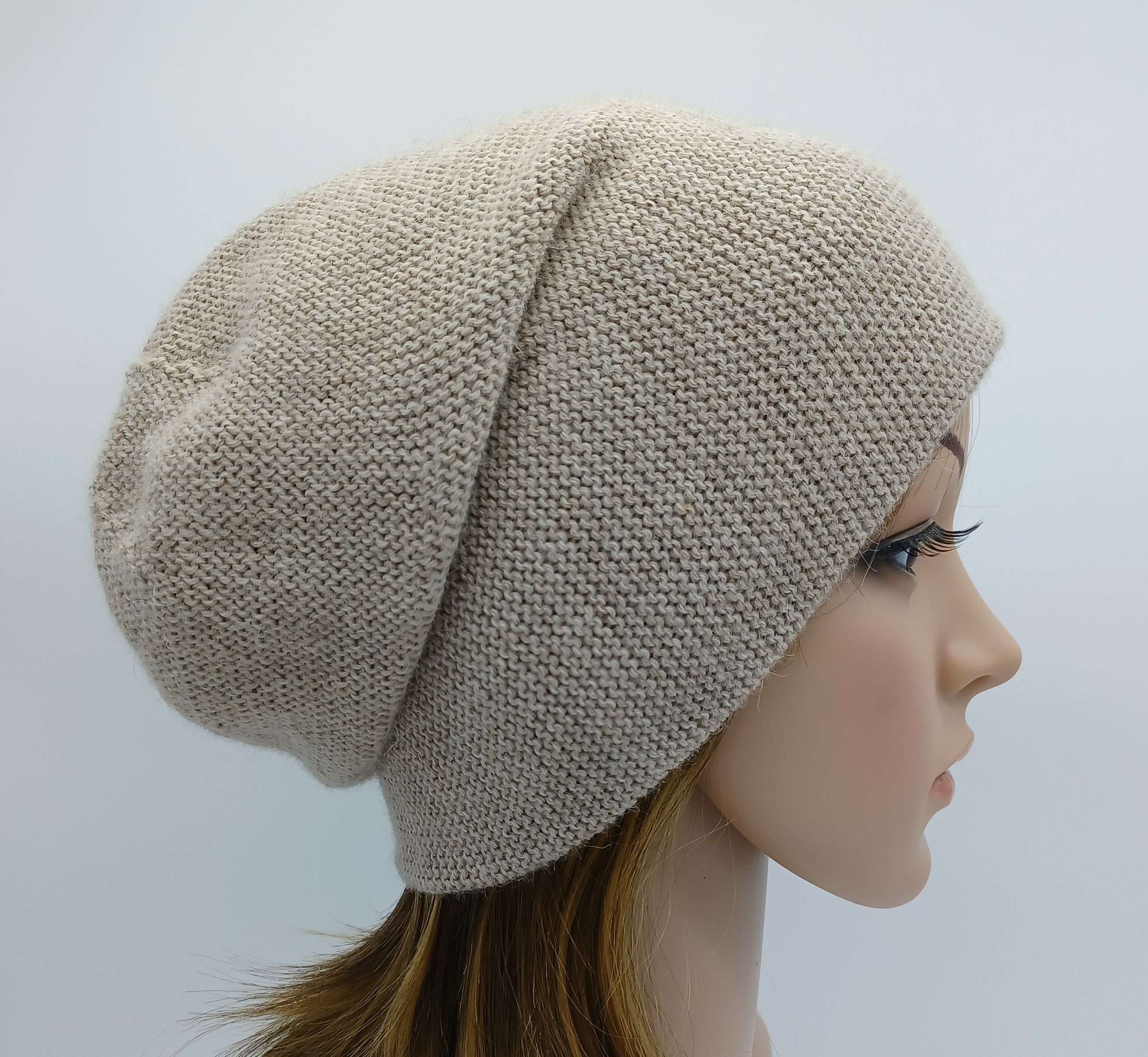 Beige Alpaca Blend Slouchy Beanie For Women, Handmade Knitted Fall Hat