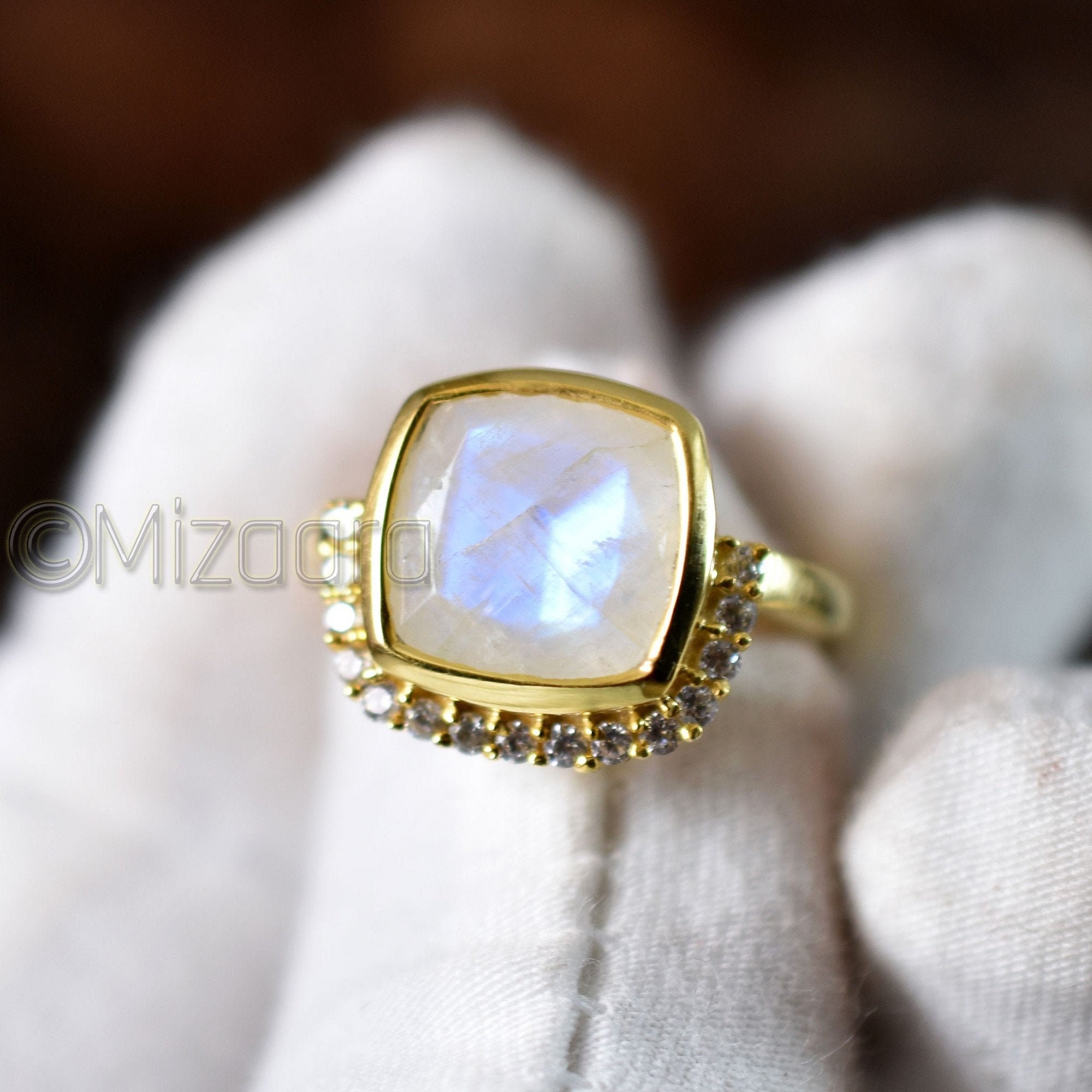 Blue Fire Moonstone 925 Sterling Silver Rainbow Cushion Wedding Ring Delicate Gift Women's Elegant