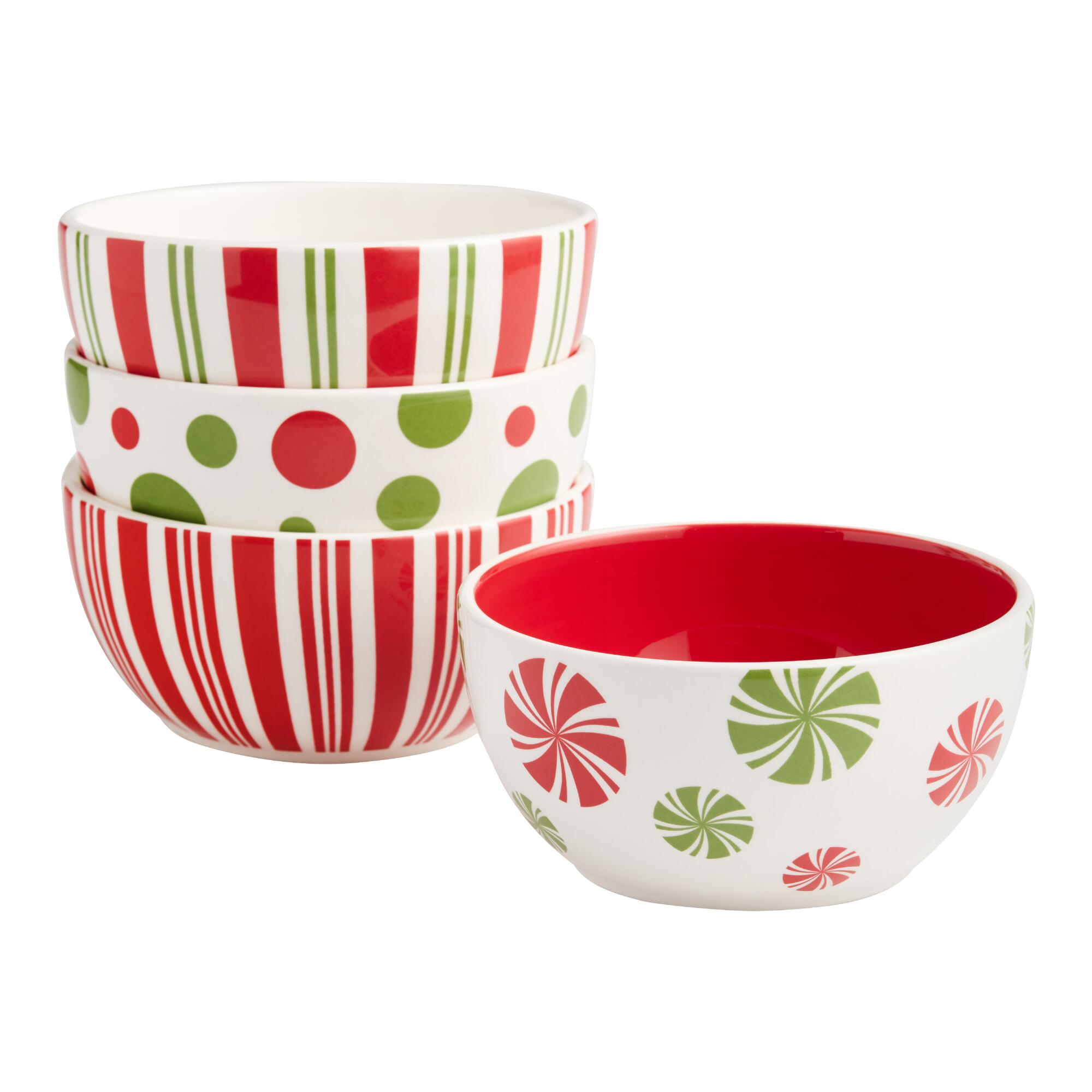 Pier Place Peppermint Party Bowls 4 Pack: Green/Red/White - Earthenware by World Market