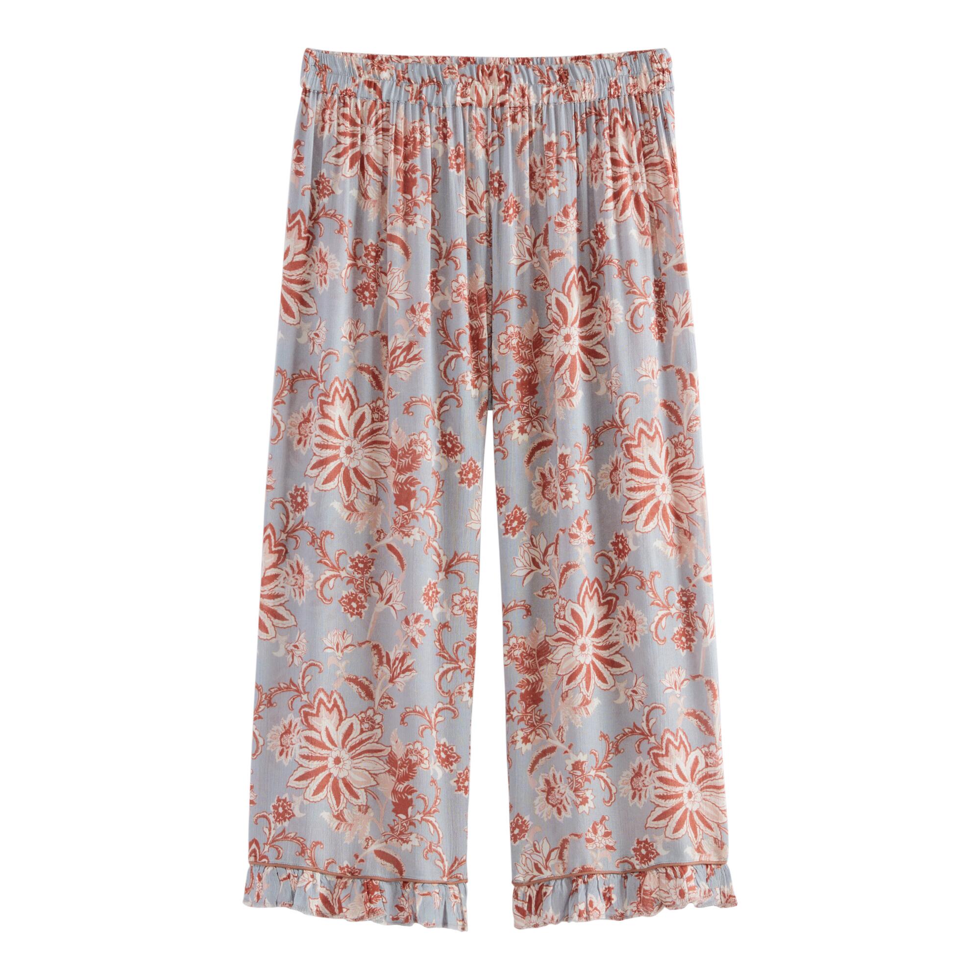 Dusty Blue and Brown Floral Cropped Celine Pajama Pants - Rayon by World Market