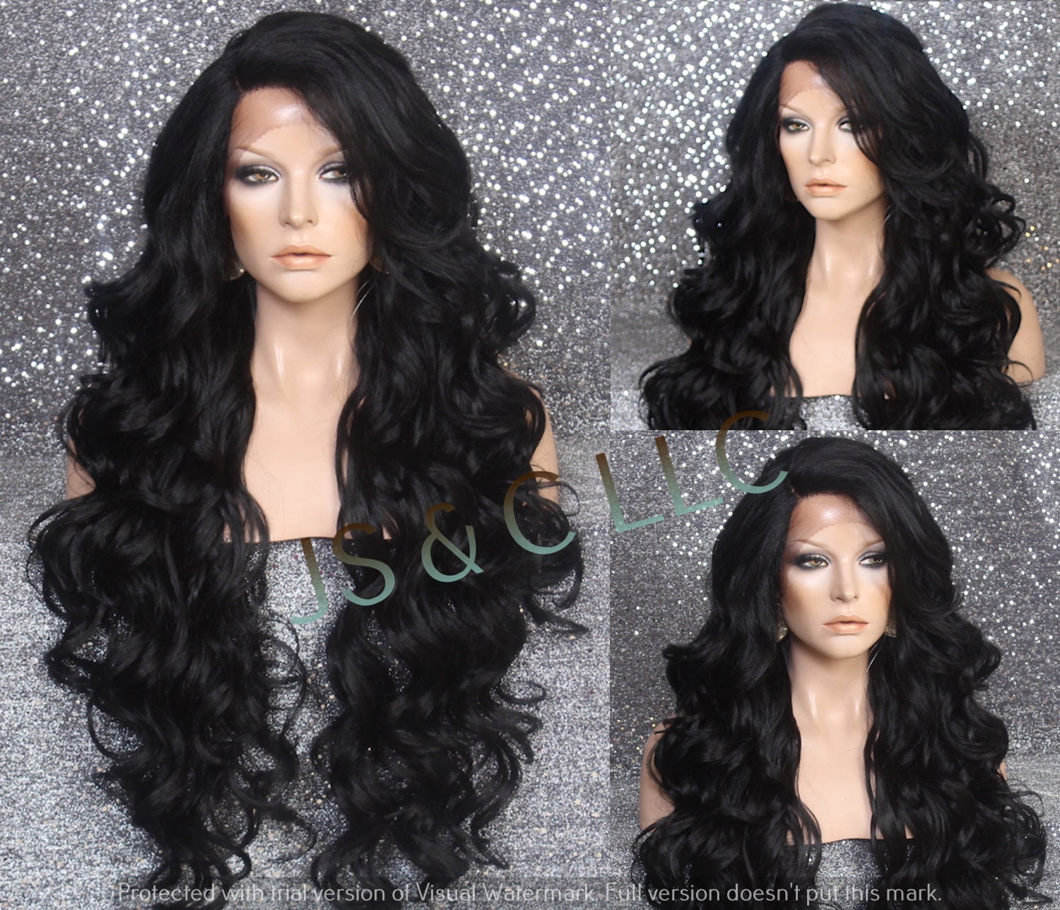 40 Extra Long Human Hair Blend Wig With Romantic Curls & Bangs Black Natural Mono Side Part Lace Front Heat Safe