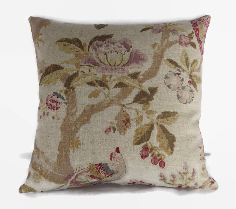 Bird Pillow Cover On Beige Linen Blend, 17 Or 18, Exotic Tropical Vines & Flowers in Red, Gold, Purple, Blue, & Pink, Braemore Arielle