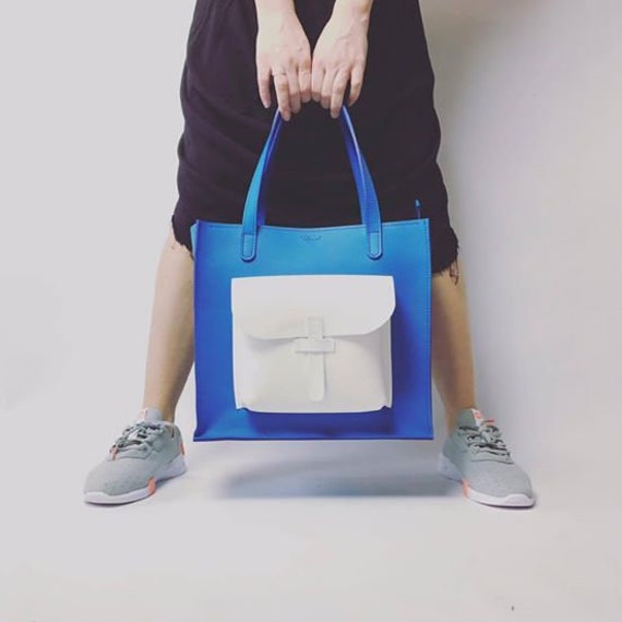 Aesthetic White & Blue Tote Bag For Women With Zipper