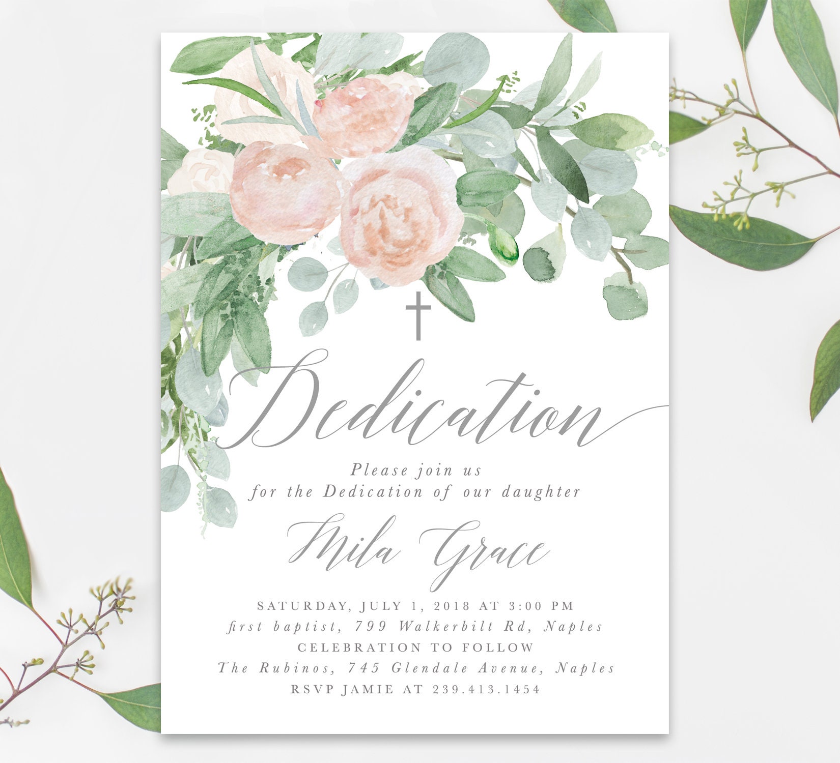 Dedication Invitation Girl, Girl Invite, Floral Invitation, Blush Pink Roses & Rustic Greenery, Mila