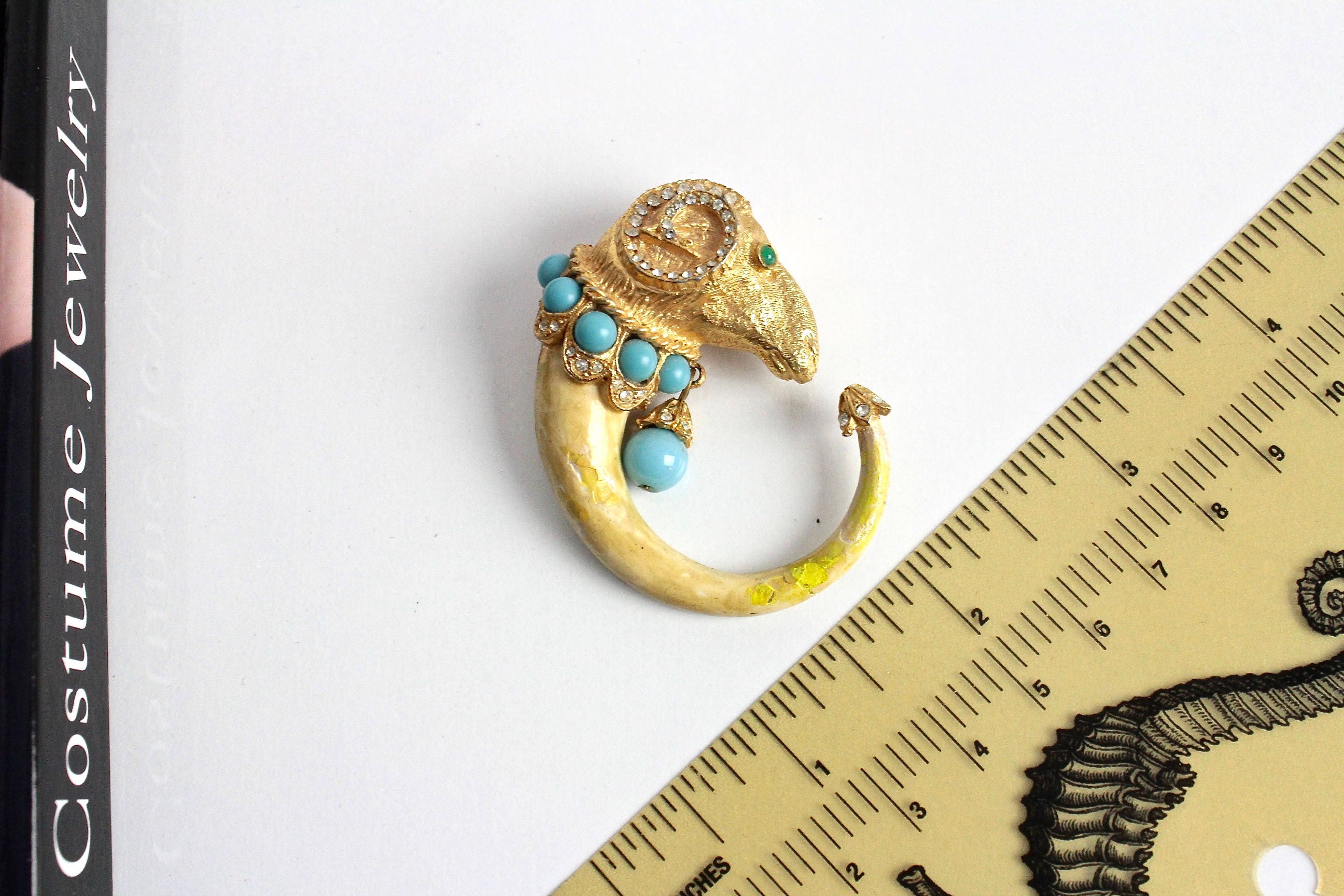 1950S Cadoro Enamel Ram Aries Zodiac Brooch/Pin With Faux Turquoise & Clear Rhinestones/ Rare Vintage Brooch #1678
