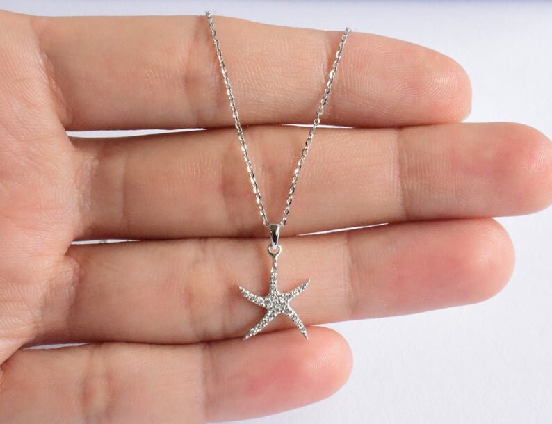 18K White Gold/starfish Charm Necklace 18 Layering Delicate Nautical Jewelry Sea Beach Next Day Shipping
