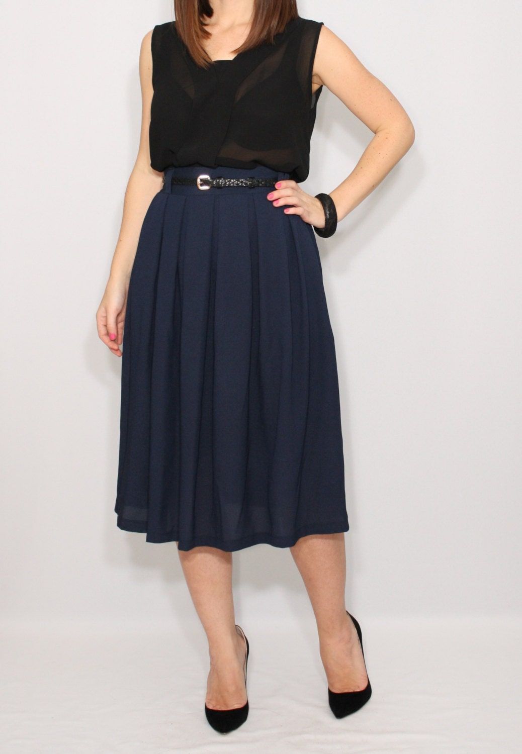 Navy Blue Chiffon Midi Skirt With Pockets, A Line Skirt, Pleated