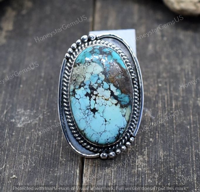 Tibet Turquoise Ring 7 Us Silver | Handmade Ring, Statement Birthstone Cabochon Vintage Anniversary Gift A45
