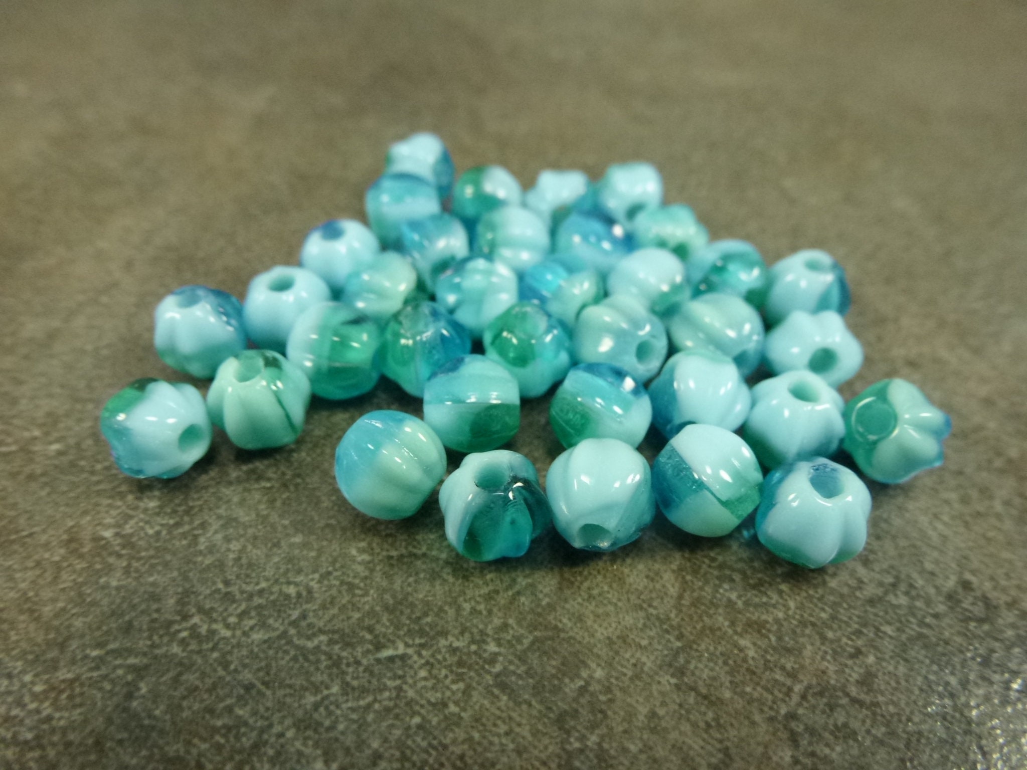 30Pc Aqua Ocean Blend, Large Hole Czech Glass Melon Beads, 6mm, Pressed Glass, 2mm
