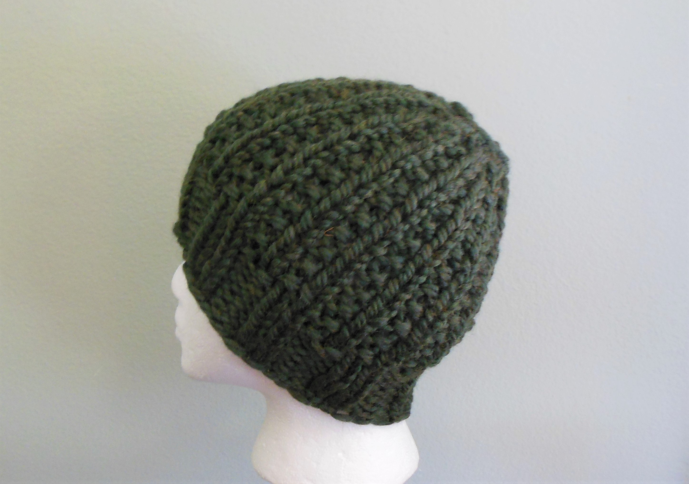 Hand Knit Thick & Chunky Wool Blend Messy Bun Hat in Dark Moss Green Ponytail Spearmint