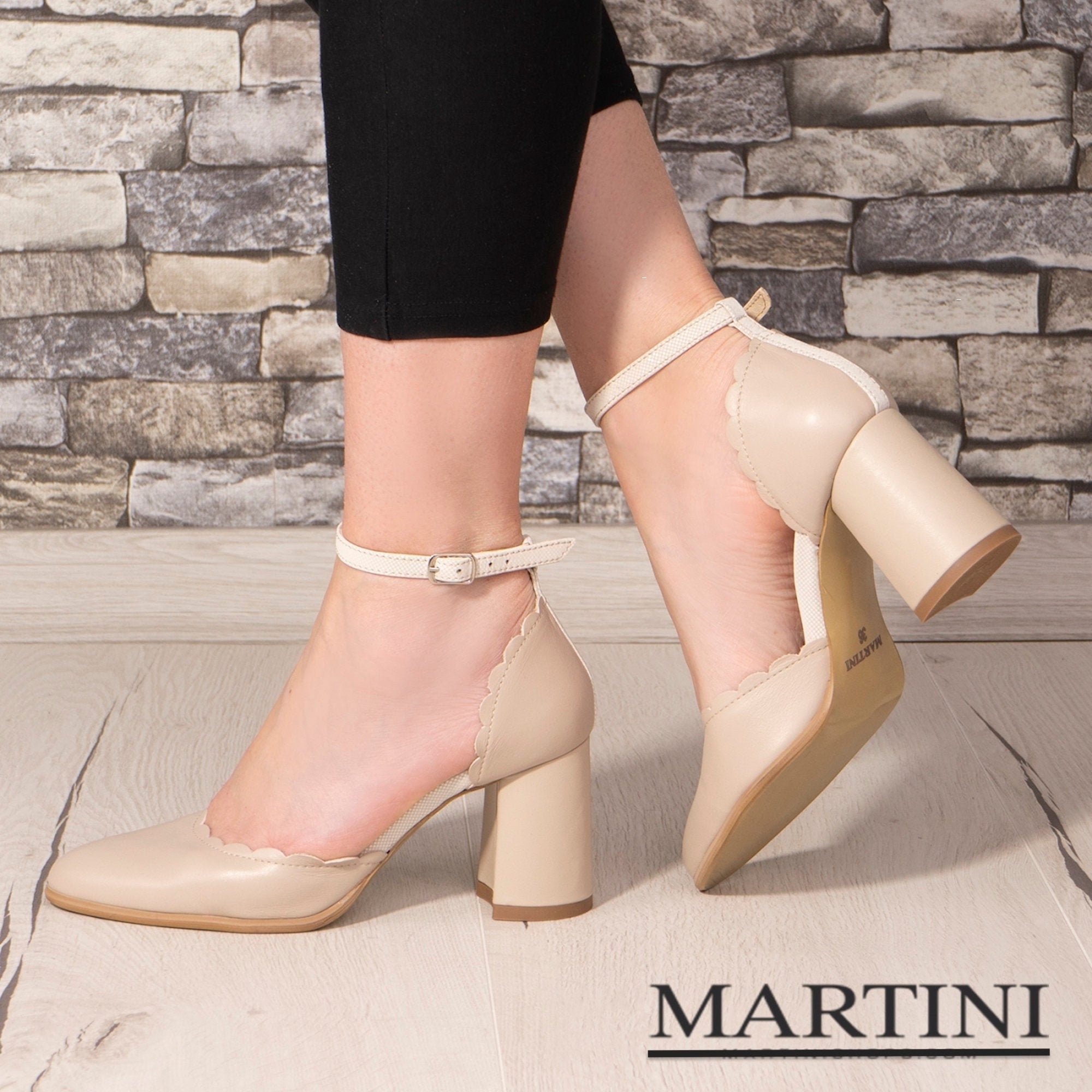 Women's Mary Janes ~ Beige Elegant Heels Ankle Buckle Strap Leather Chunky High Stylish Jane Shoes