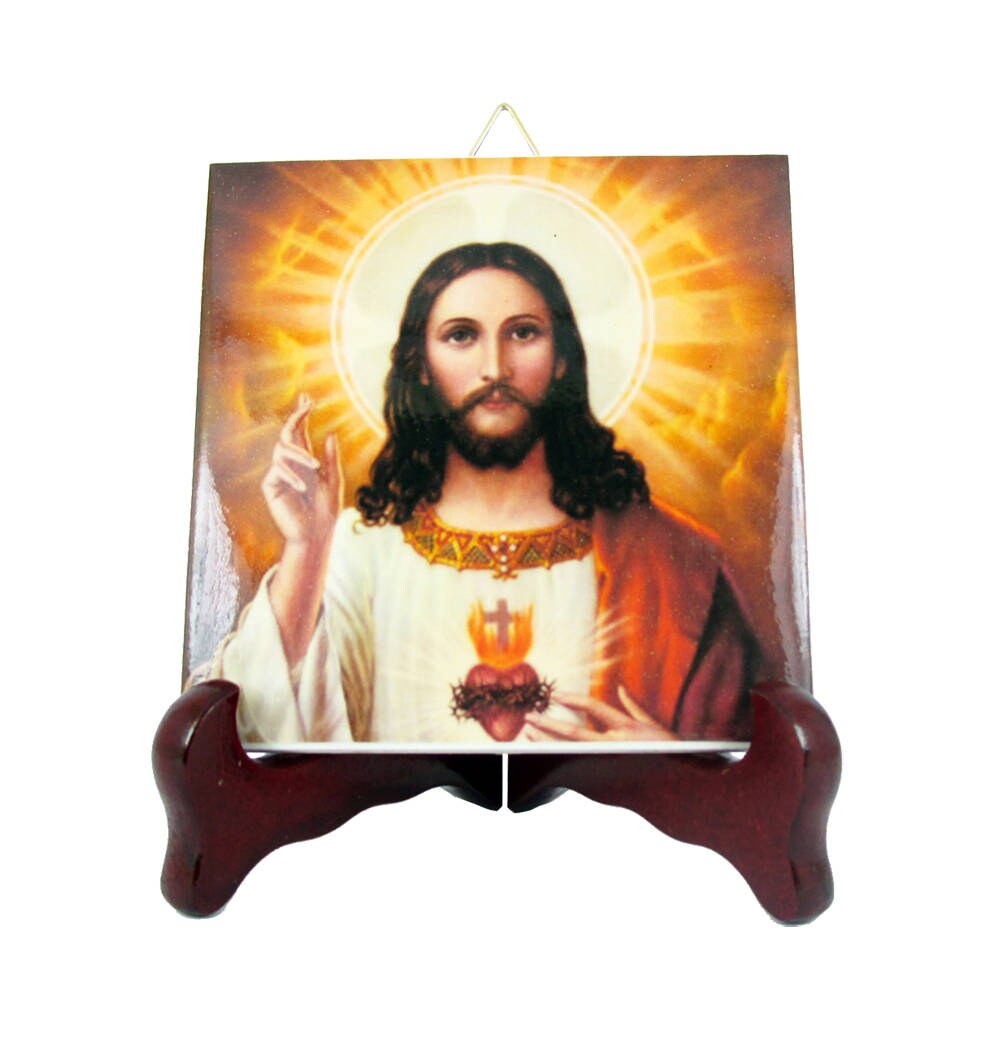 Religious Gifts - Icon On Ceramic Tile Sacred Heart Of Jesus Holy Art Catholic Devotional Religious Decor