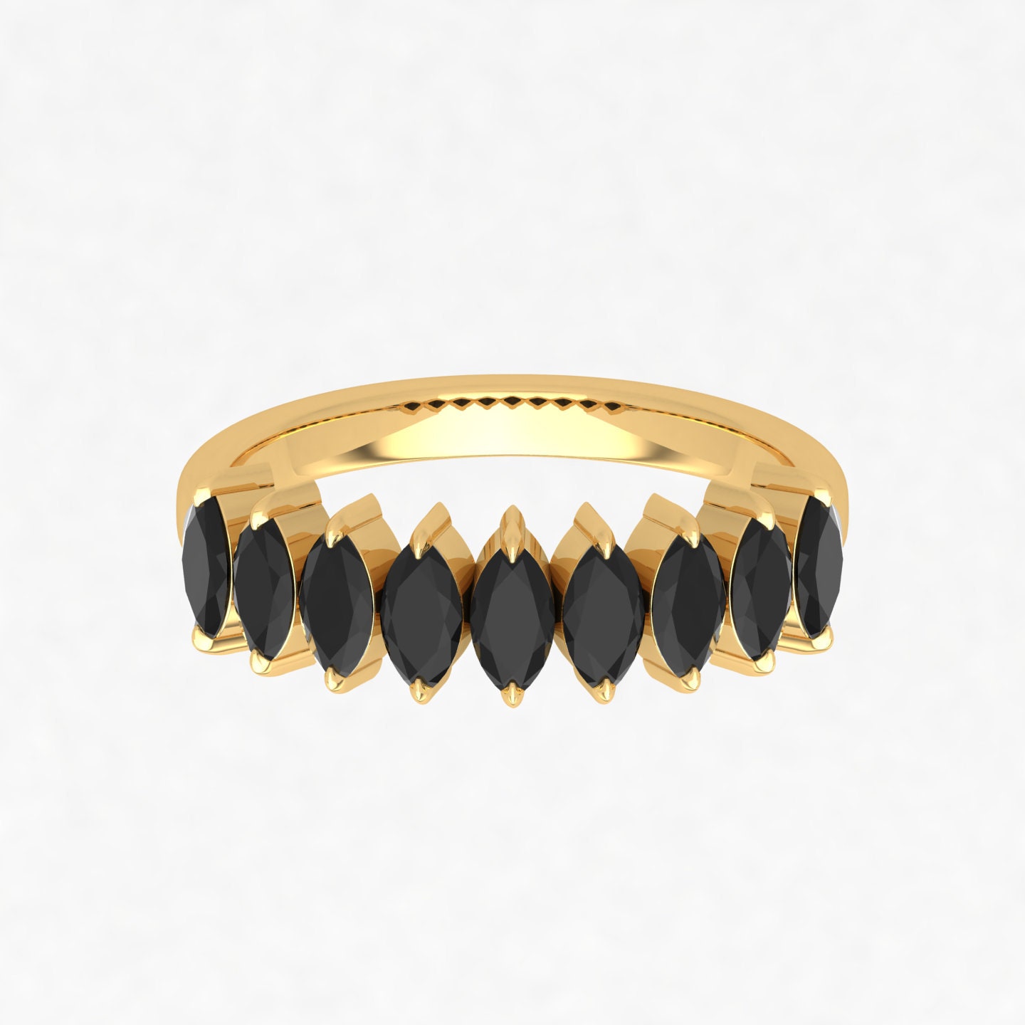 Thin 14K Marquise Black Onyx Ring, Eternity Band, Solid Gold Modern White Wedding Gift For Her