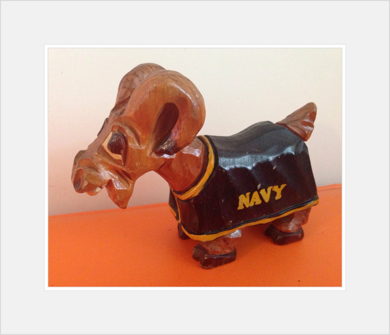 Carter Hoffman Carving - Carved Ram Navy Mascot Collectible Wood Folk Art Souvenir Vintage R1