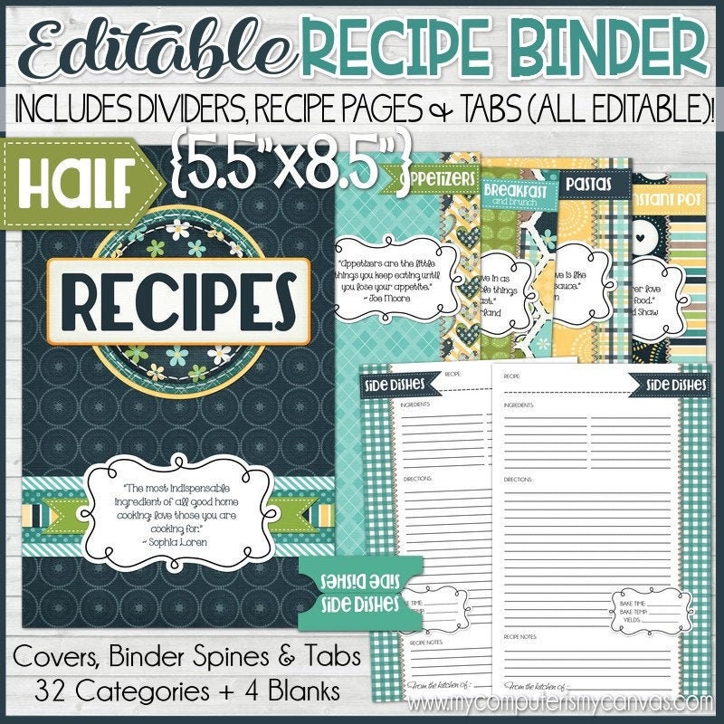 Editable Recipe Binder Kit Printables | Navy, Book, Printables, Kit, Half Size, 5.5x8.5 - Not Instant Download