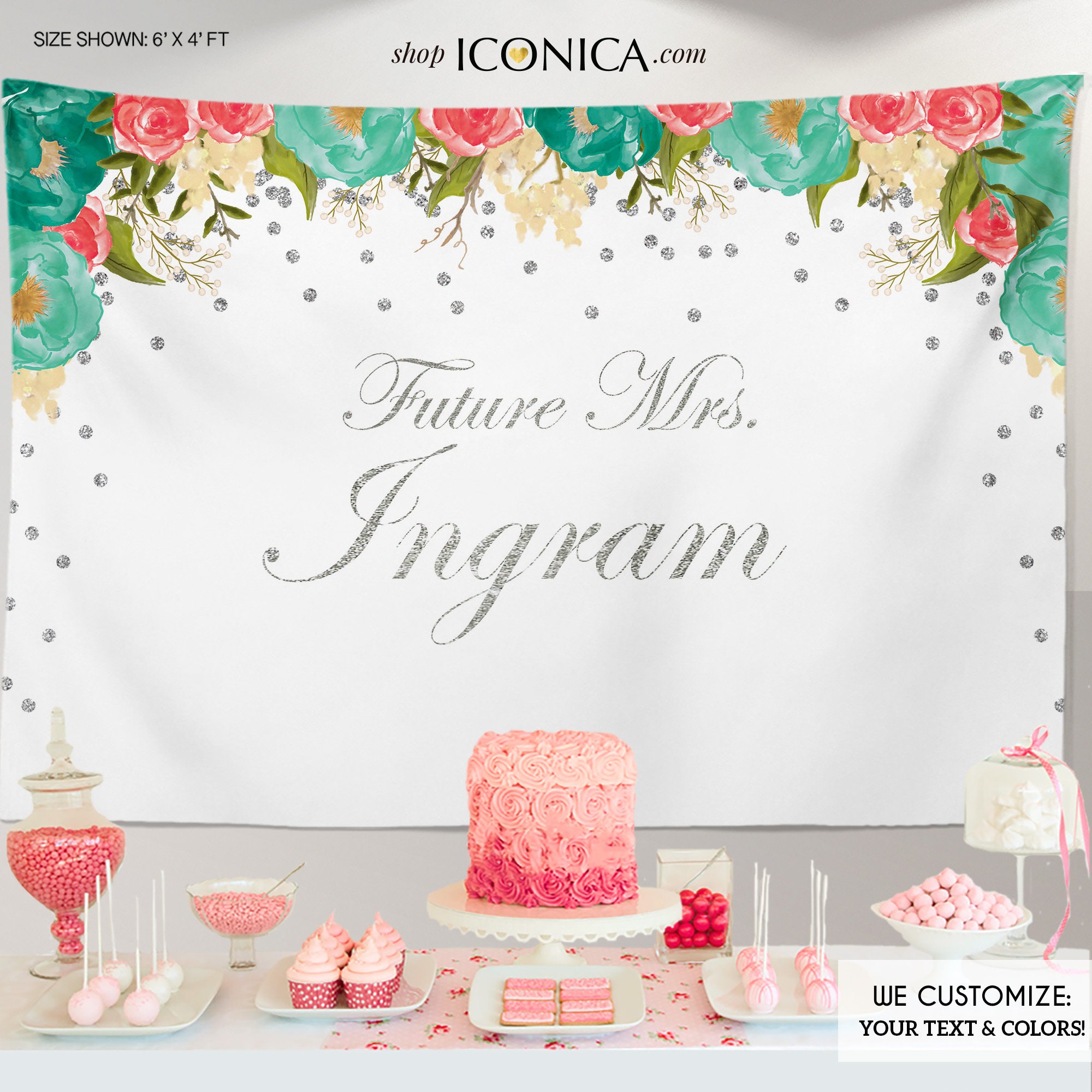Floral Bridal Shower Backdrop Future Mrs, Garden Party Pink Teal Dessert Table Banner Watercolor Flowers - Printed Or Printable File