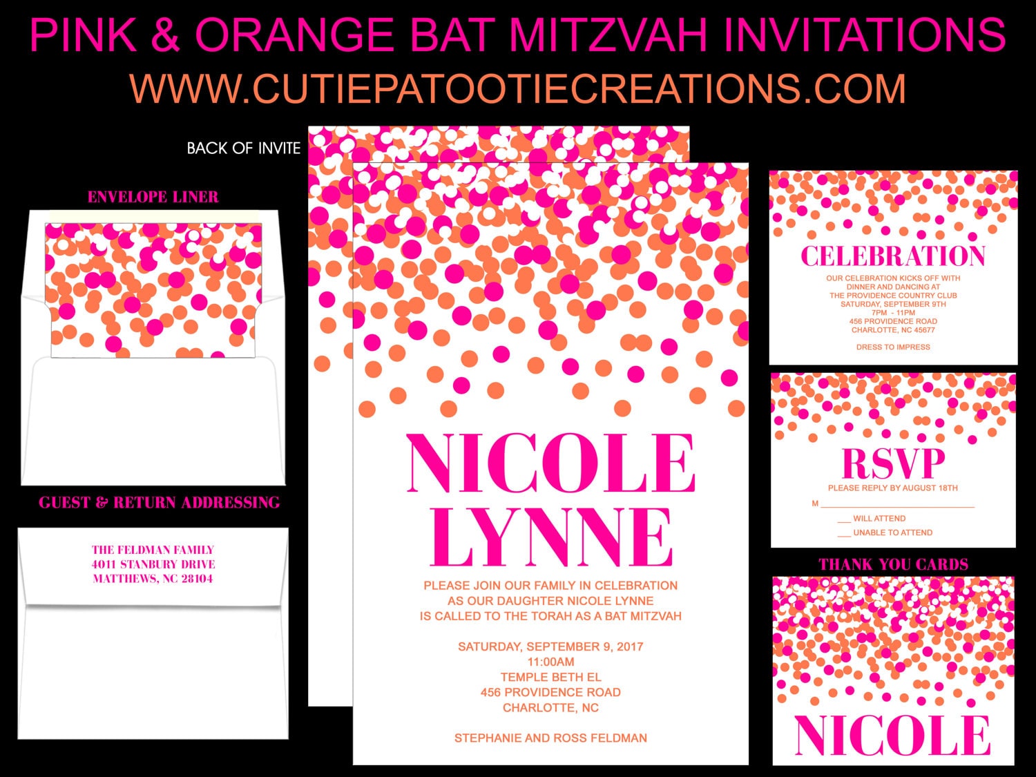 Pink & Orange Confetti Bat Mitzvah Invitations - Sweet 16 Invitation Quinceanera Custom Colors Available