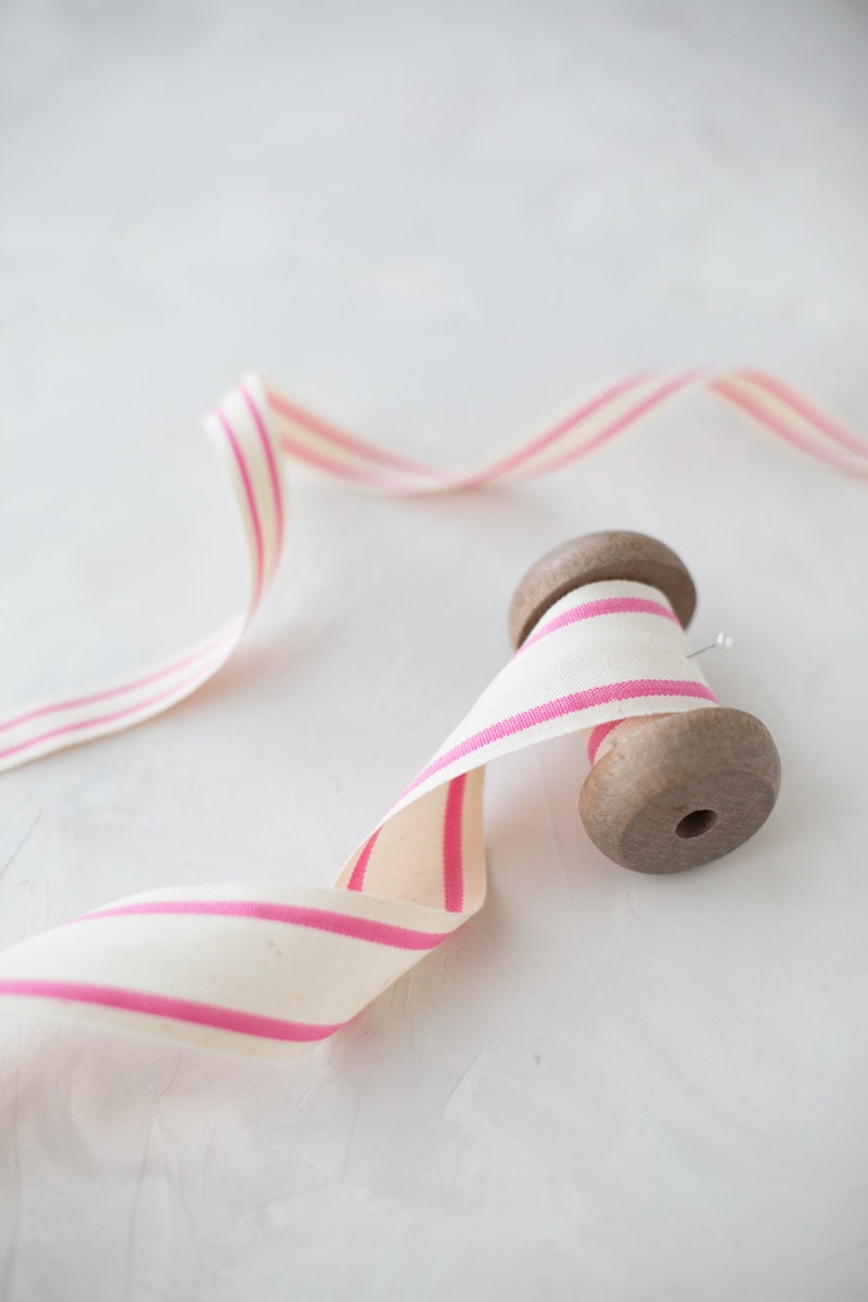 Pink + Natural Double Stripe Cotton Blend Ribbon 5/8 1-1/2"