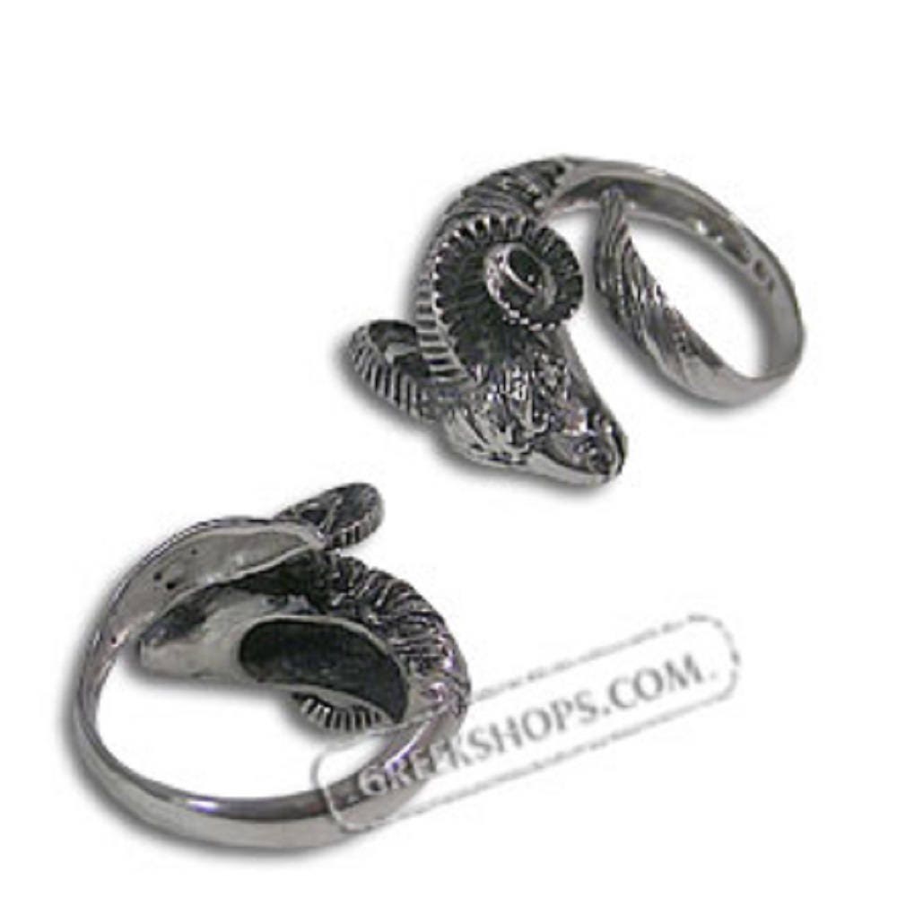 Platinum Plated Sterling Silver Adjustable Ring - Rams Head, Imported From Greece
