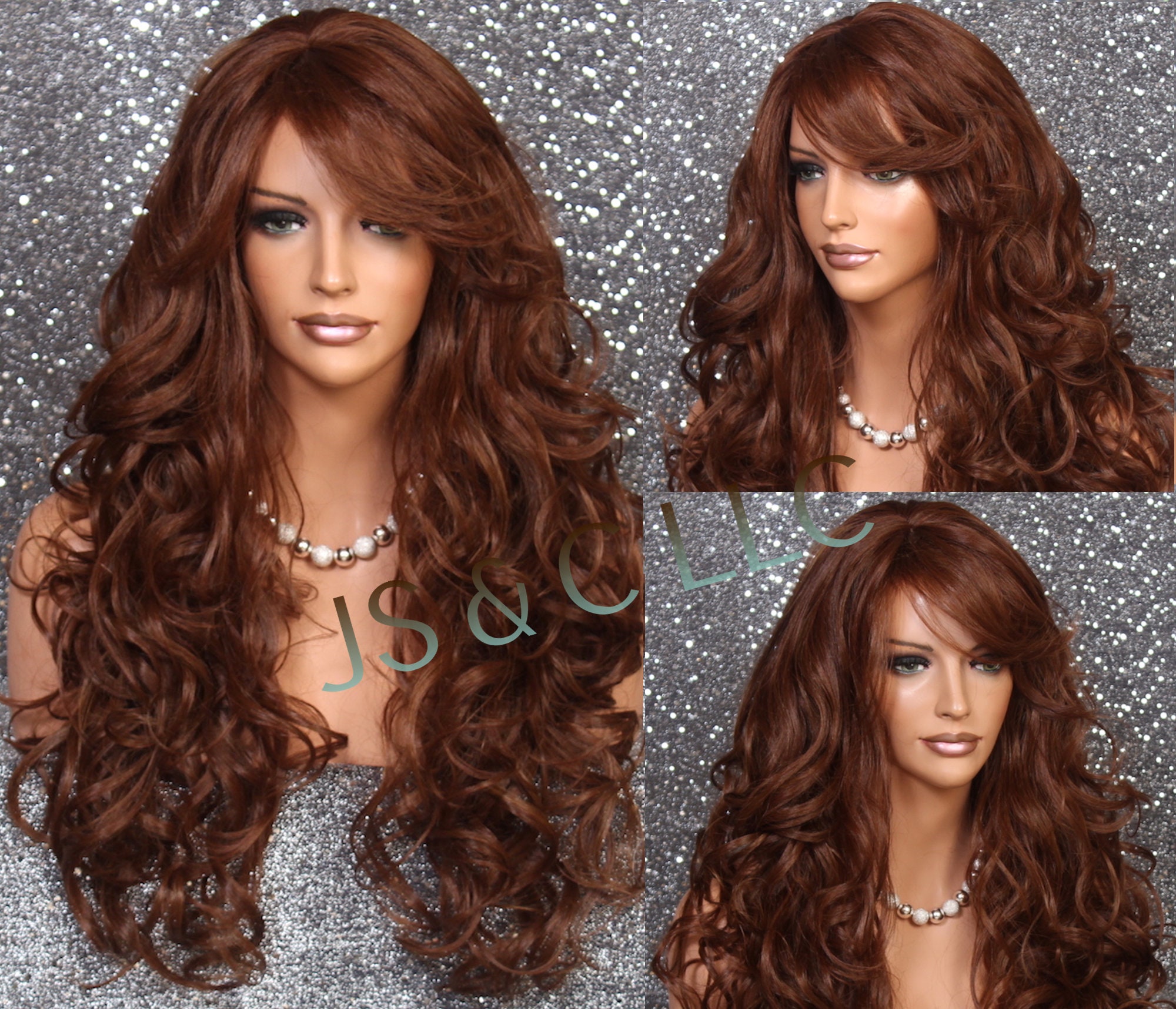 Beautiful Human Hair Blend Auburn Mix Long Full Wig Heat Resistant 28 With Curls & Bangs Side Parting