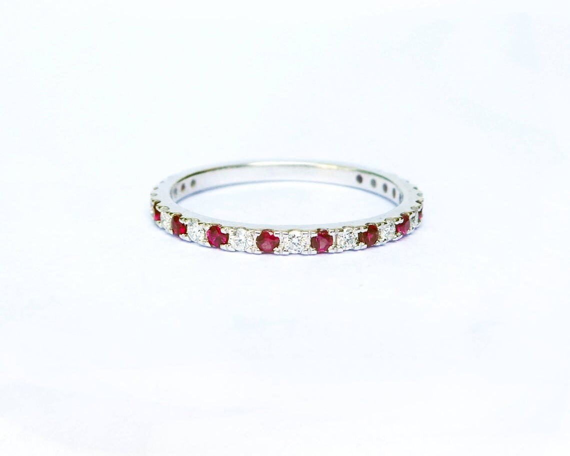 Ruby & Diamond Wedding Ring, 14K White Gold Eternity Band, July Birthstone Anniversary Natural Gemstone