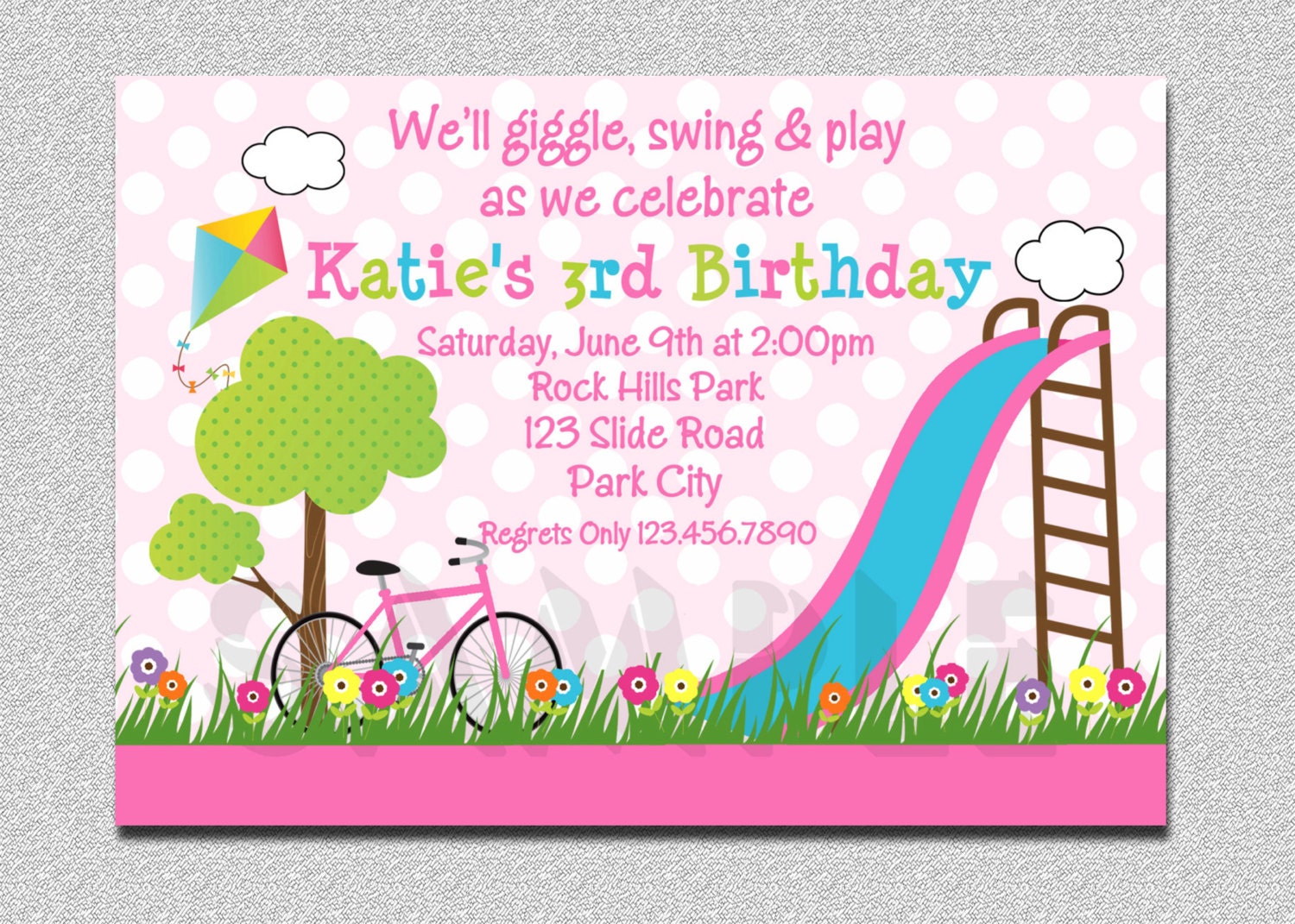 Birthday Party Invitations, Girls, Pink, Playground, Swing, Slide, Kite, Flowers, Tree, Playground Invitation, Picnic Invitaiton