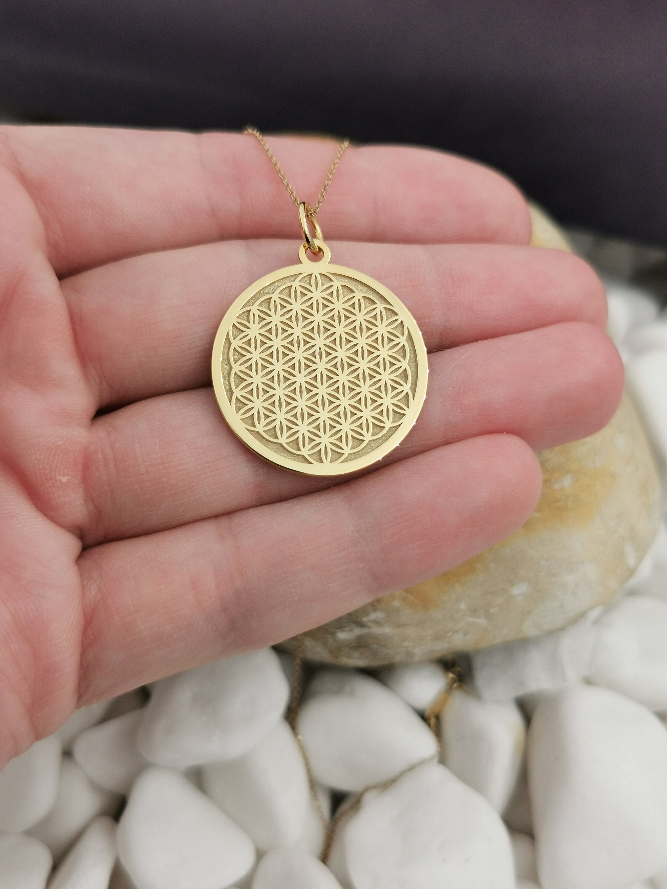 14K Solid Gold Flower Of Life Necklace, Personalized Pendant, Symbol