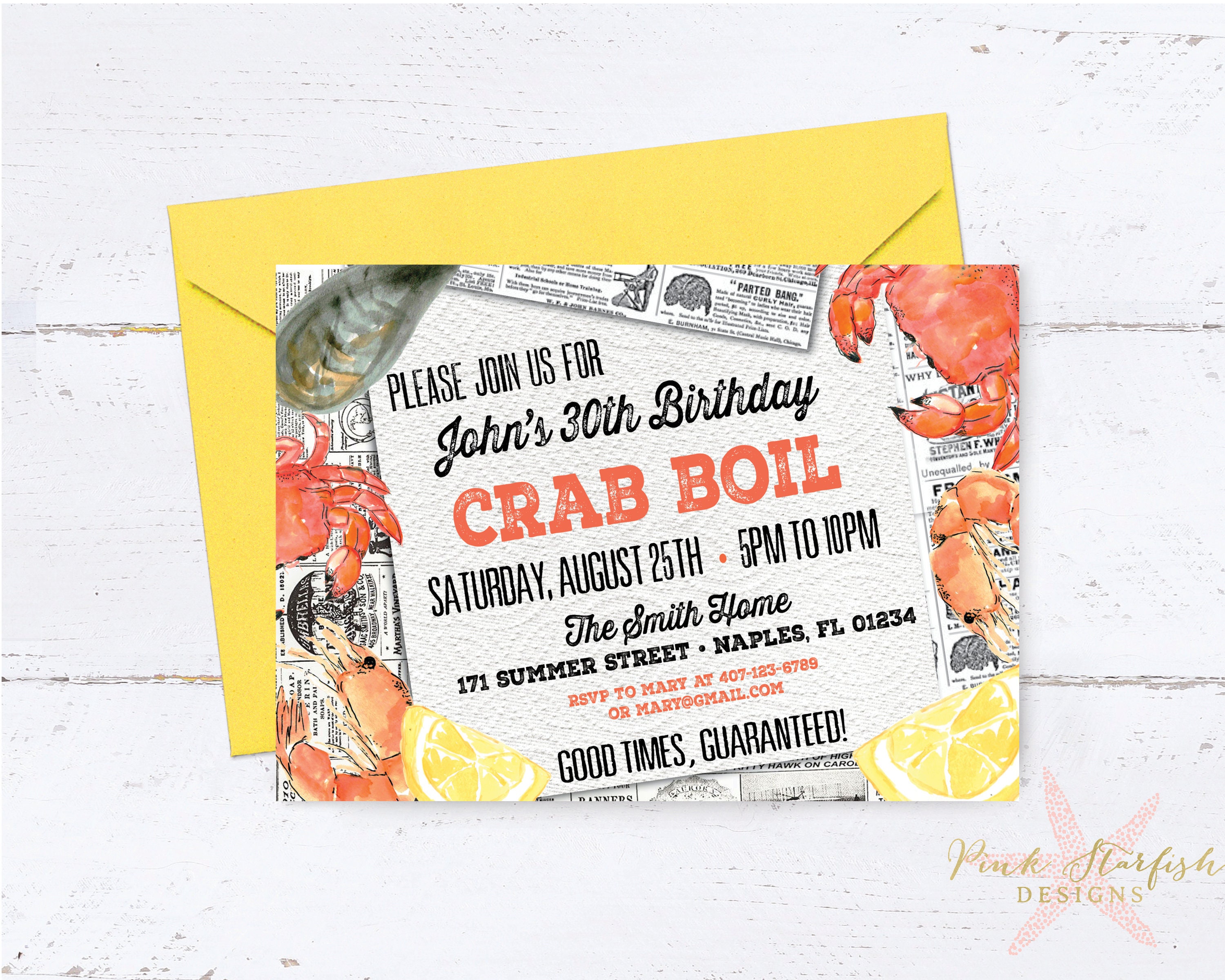 Crab Boil Invitation, Birthday Invite, Seafood Fest, Clambake