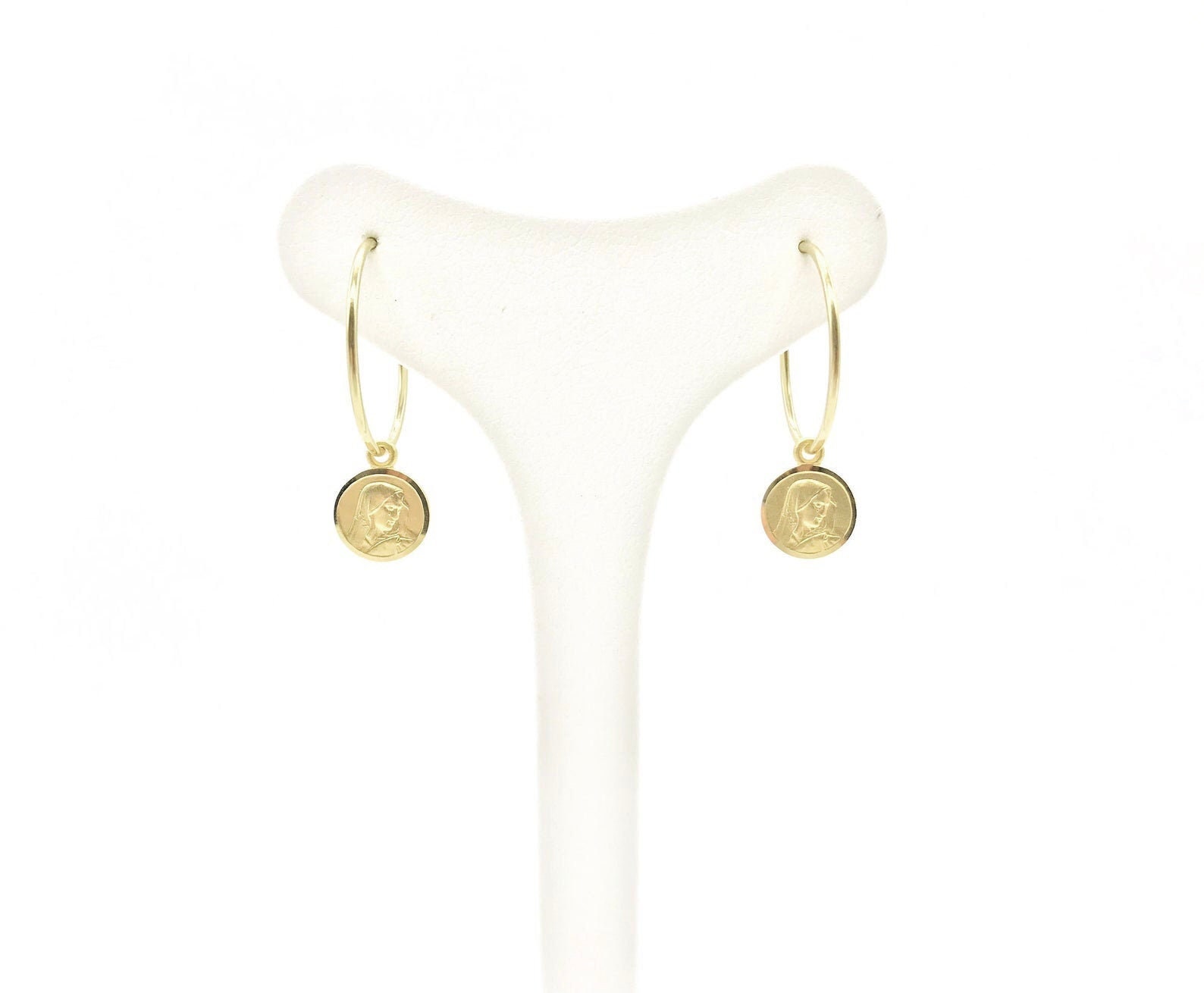 18K Gold Mother Mary Hoop Earrings For Women - Drop Disc Hoops Religious Jewelry Charm Italian