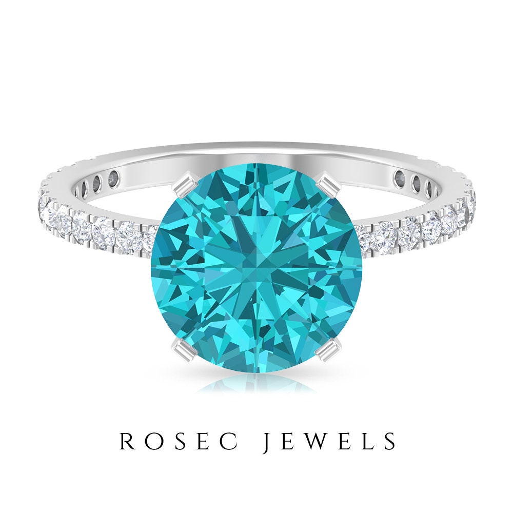 10 Mm Lab Created Green Paraiba Tourmaline Ring, D-Vssi Moissanite Gold Ring With Side Stones, Engagement | Aaaa Quality
