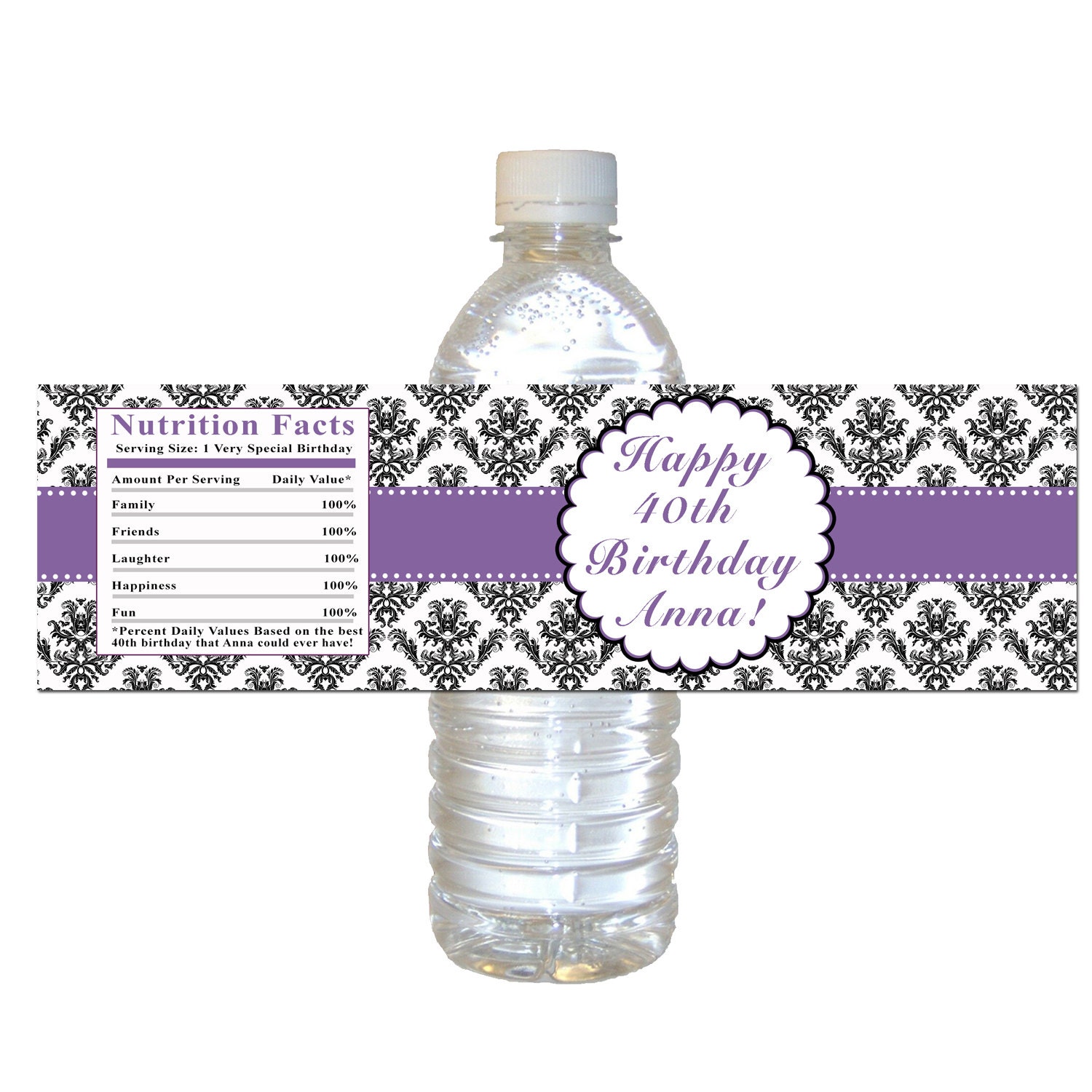 Printable Personalized Purple Damask Birthday Water Bottle Labels Wrappers - Vintage Party Decorations Custom Favors