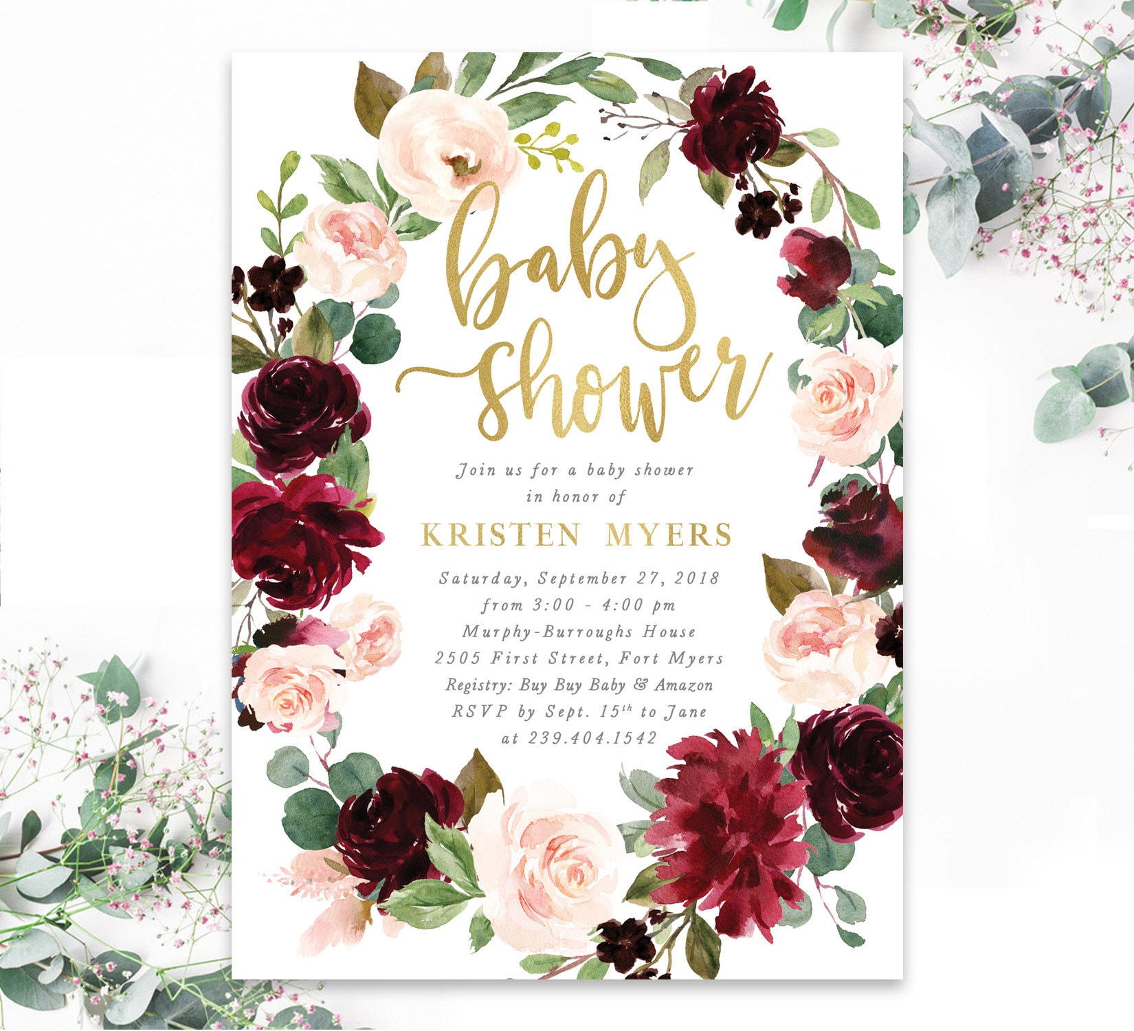 Baby Shower Invitation Girl, Girl Invite, Burgundy & Blush Floral - Printed, Printable Kristen