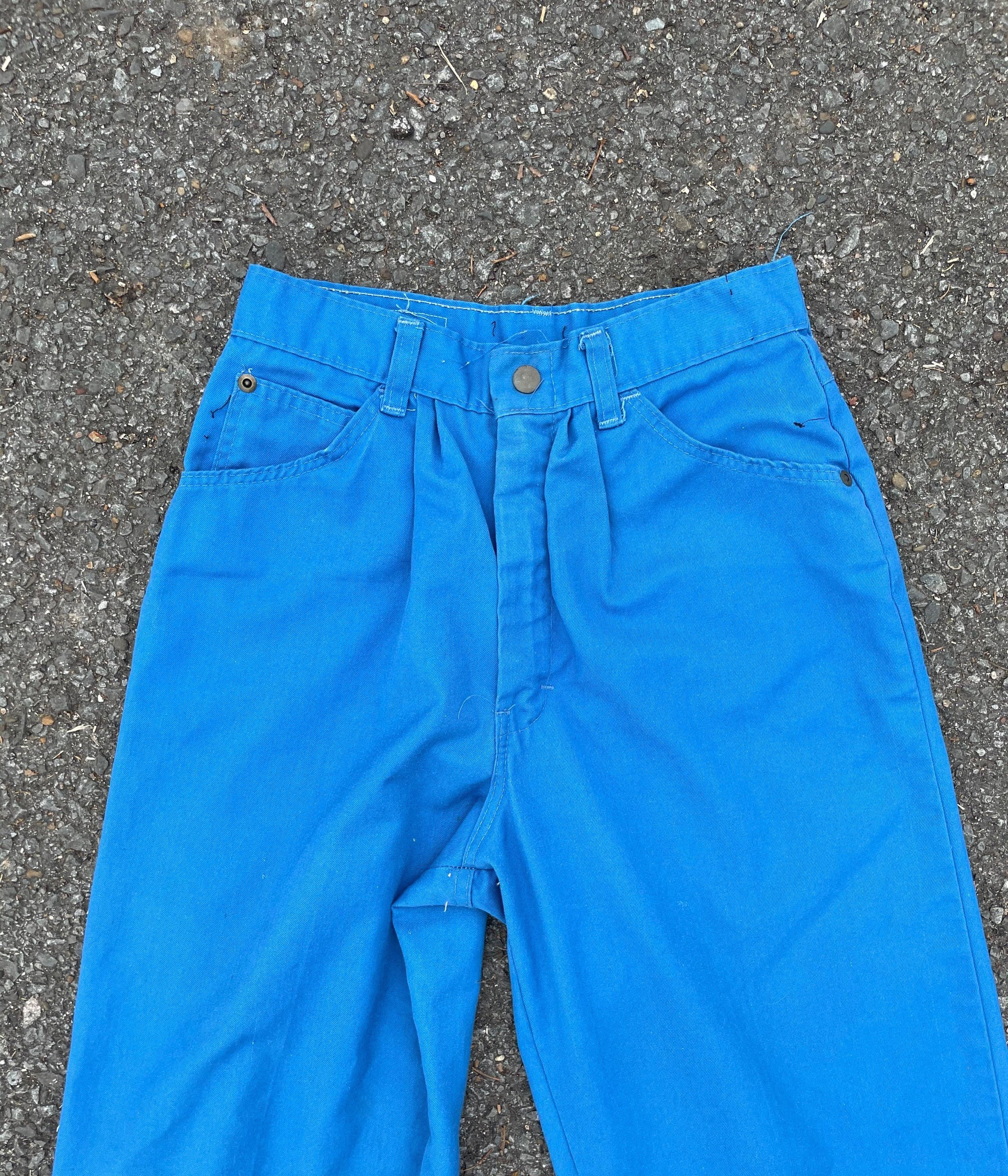 Vintage 1970S Cerulean Blue Cotton Blend High Rise Trousers 25x31