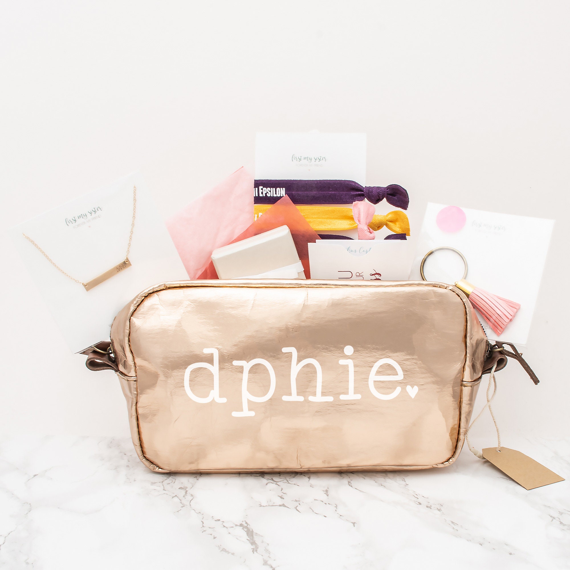 Delta Phi Epsilon Gift Set, Dphie Sorority Gifts Bundle, Greek Pack With D E Bag, Bar Necklace, Rings, Hair Ties & Keychain