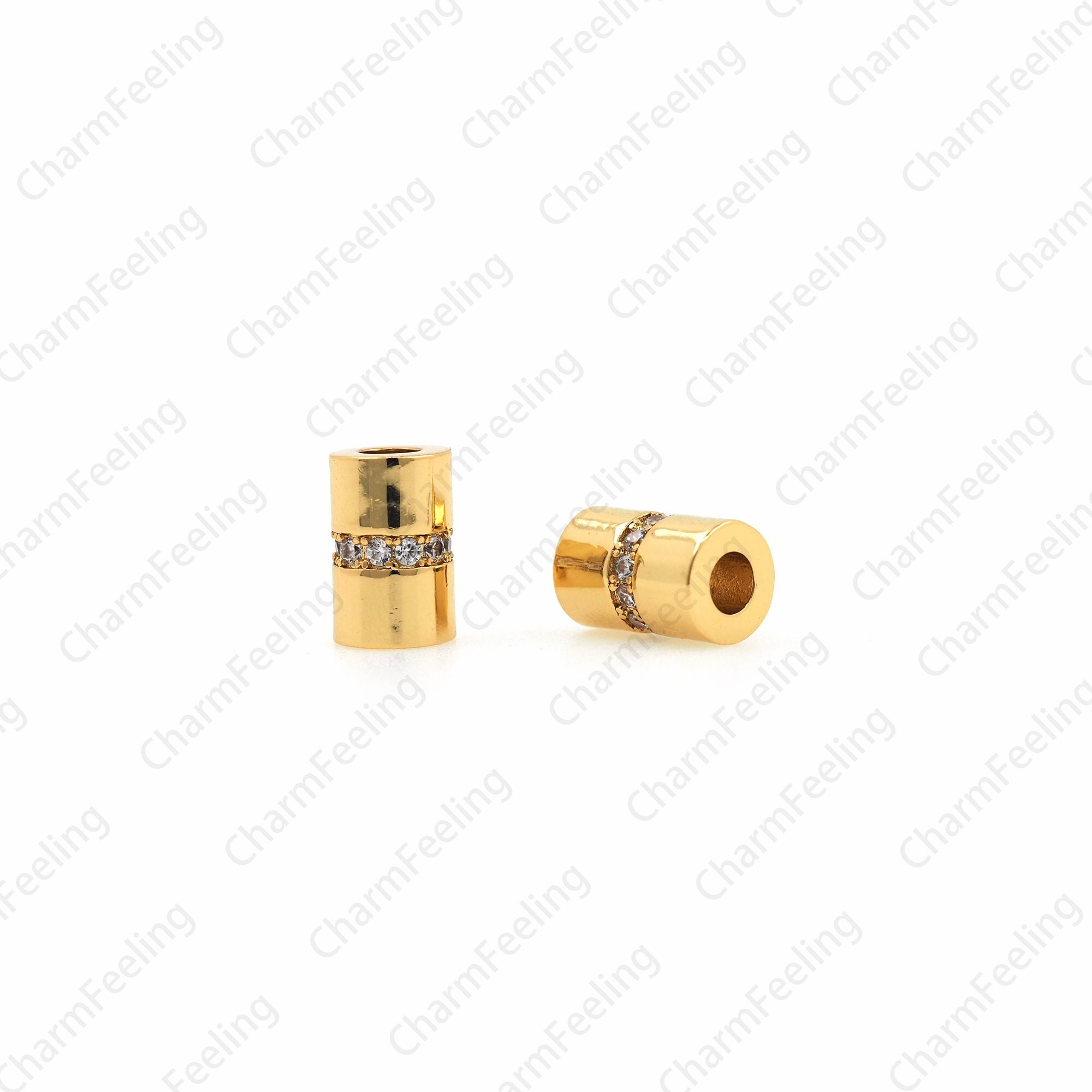 Micropav Cz Cylindrical Enamel Beads, Wholesale Bracelet Components, 18K Gold Filled Connection 10.5x6.7x6.7mm, Hole3.7mm