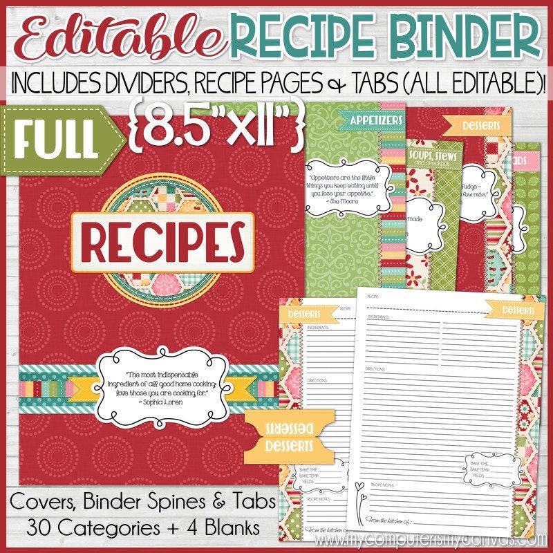 Editable Recipe Binder Kit Printables | Red, Book, Printables, Kit, Full Size, 8.5x11 - Not Instant Download
