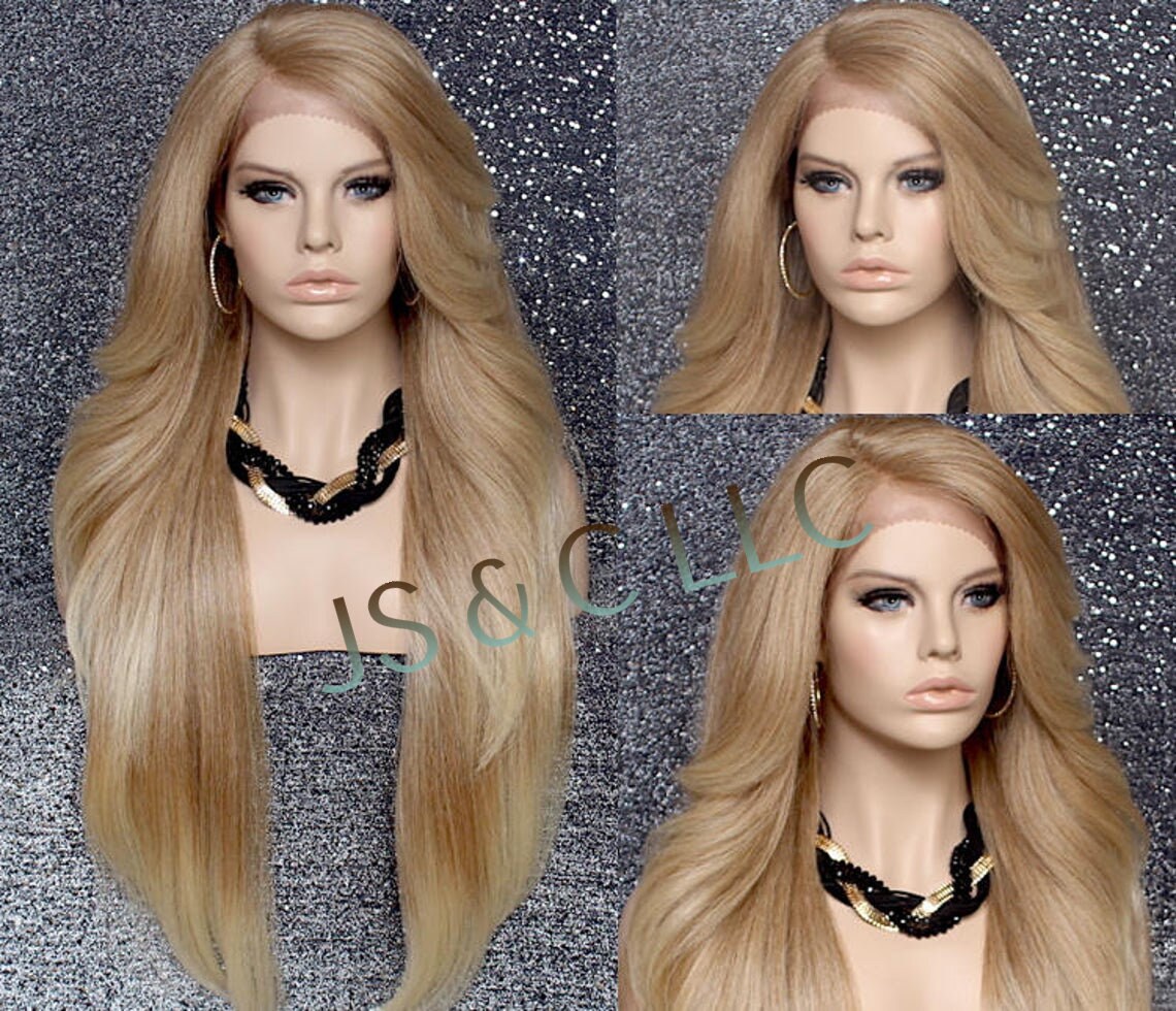 Luscious Human Hair Blend Full Lace Front Wig With Feathered Sides Long Swept Bangs & Natural Side Parting in Blonde Mix Color