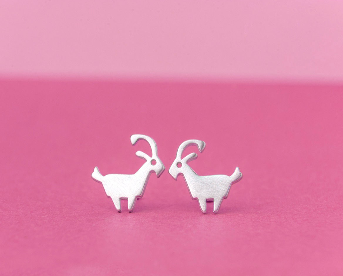 Goat Earrings Ram Studs Sterling Silver Aries Zodiac Sign Gold Post Minimal Jewelry Teen Gift For Her Him Christmas Animal Mom