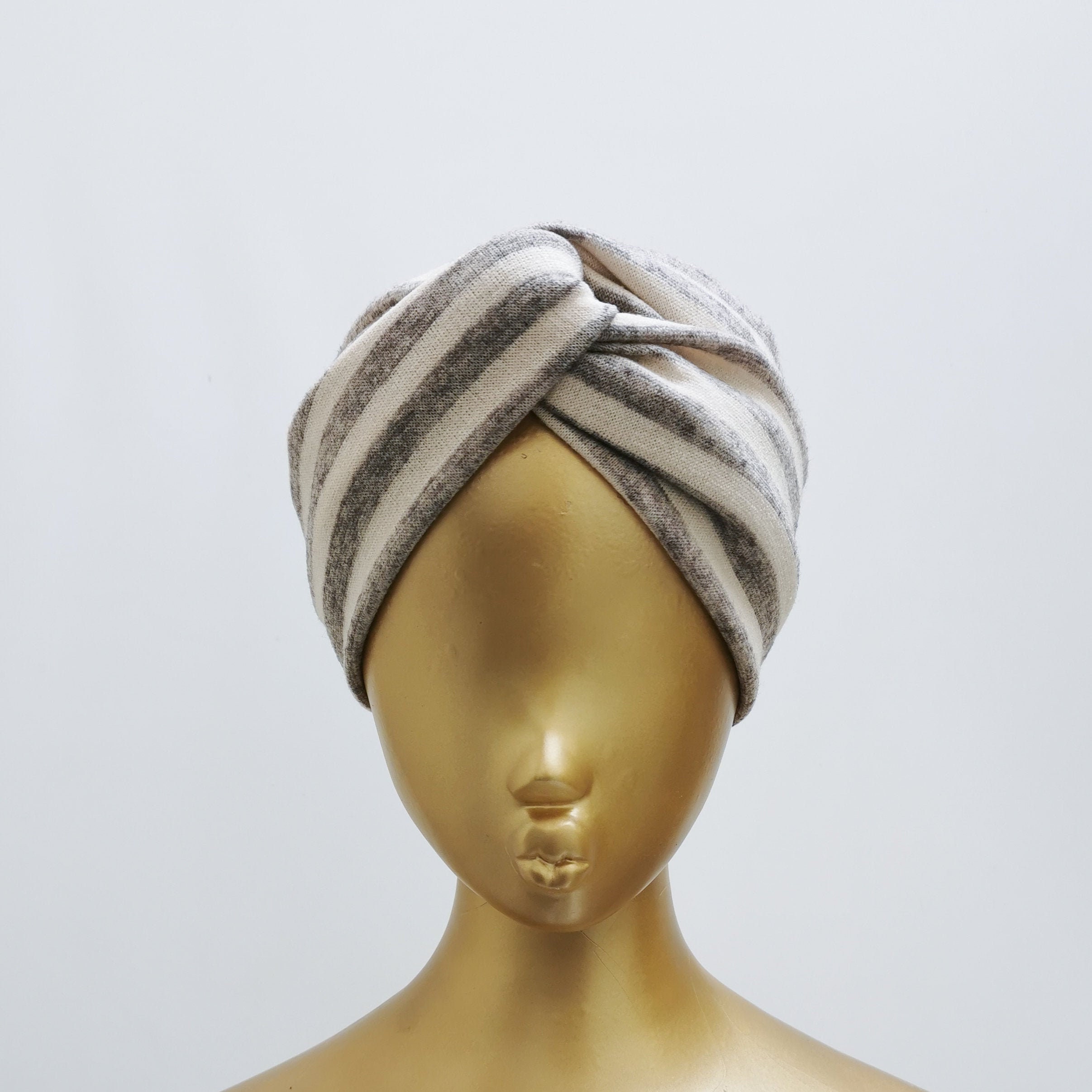 Cream Grey Stripe Chunky Wide Wool Blend Turban Twist Knot Headband
