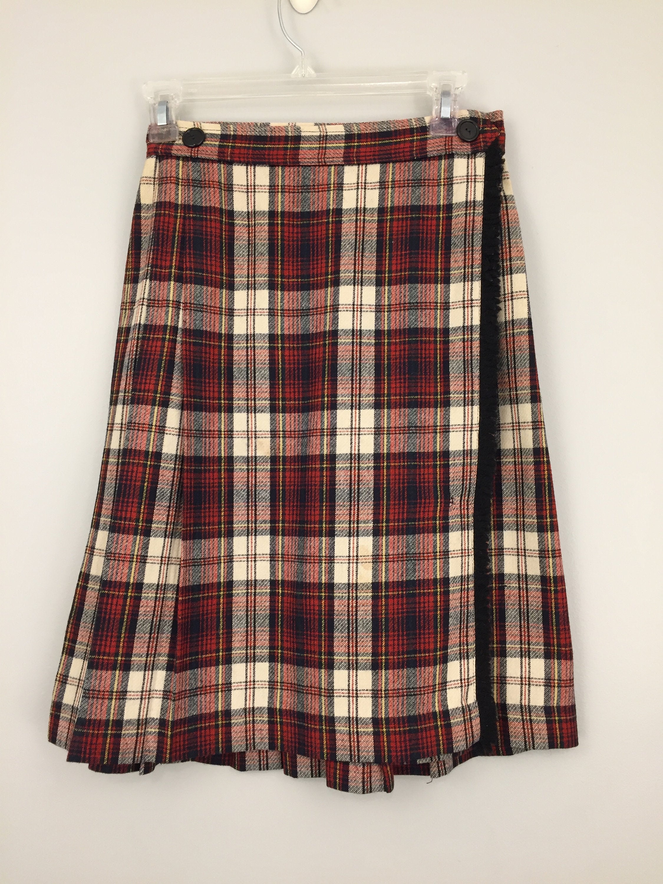 Tartan Plaid Skirt Wool Blend Wrap Fringe Drop Pleat Women Small Red Blue White Vintage Clothing Skirts For Winter
