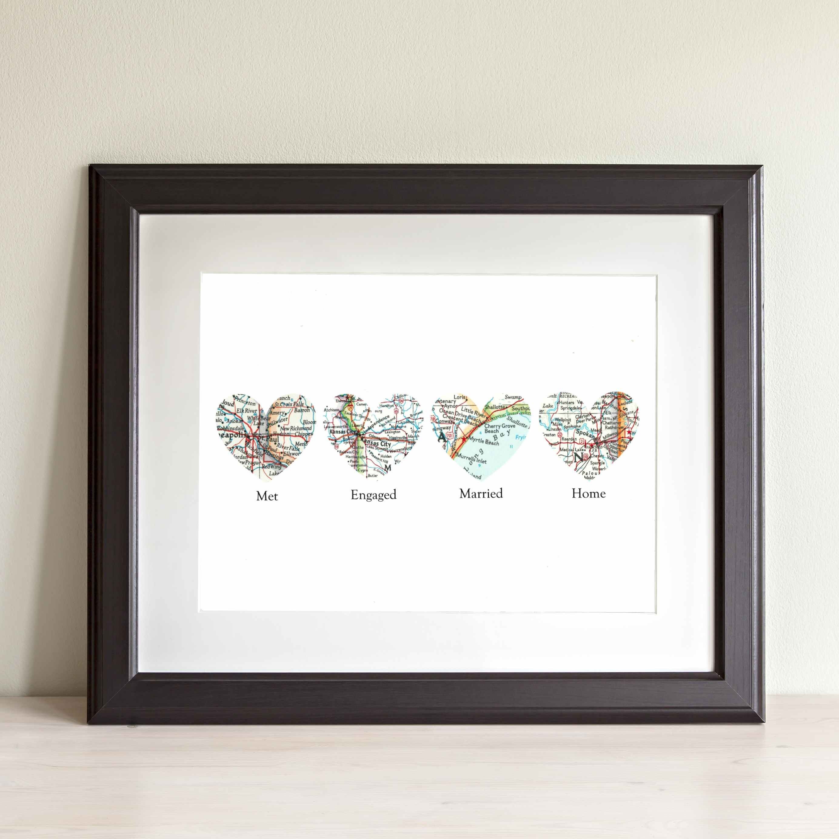 Custom Four Heart Map Art Print. Print Only. No Frame. You Select Locations Worldwide & Personalize Text. Father's Day Gifts For Dad