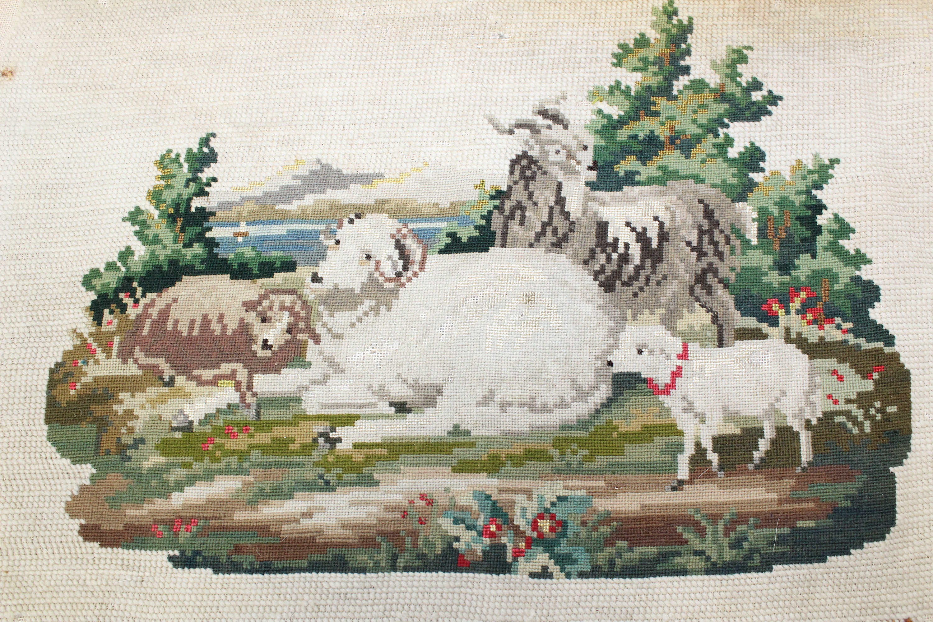 Antique Victorian Tapestry Needlework Woolwork Sheep With Lambs & Ram Needlepoint Panel Well Worn