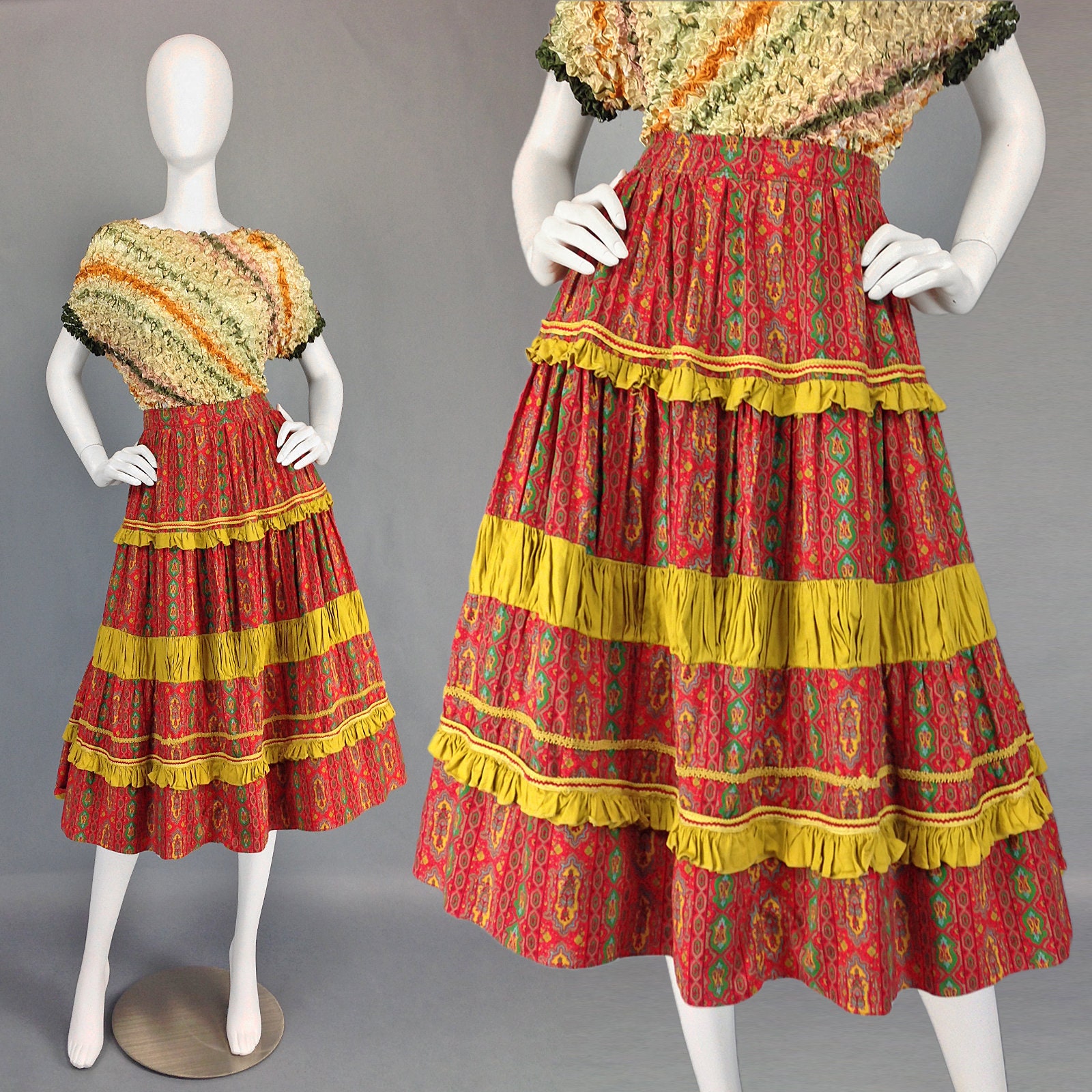 Vintage 50S Patio Skirt, Mexican Fiesta Rockabilly Carmen Circle Cotton Print Small Size 4 6 Us, 8 10 Uk