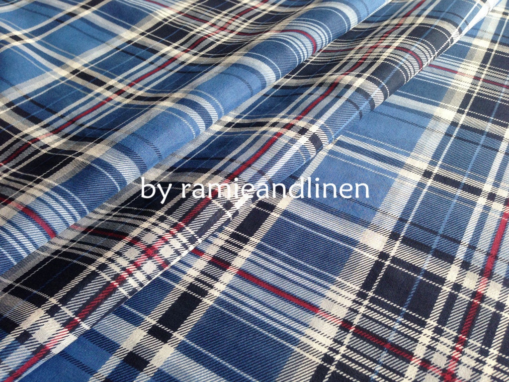 Silk Fabric, Cotton Blend Blue Plaid/Check Dress Shirt Scarf Half Yard By 53 Wide