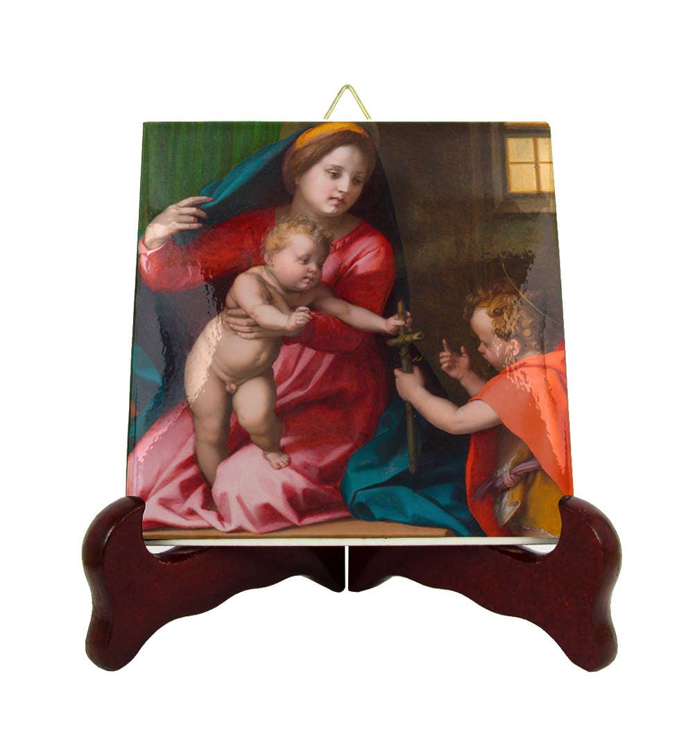 Madonna & Child With Saint John The Baptist - Catholic Icon On Tile Art From A Religious Painting By Andrea Del Sarto Holy