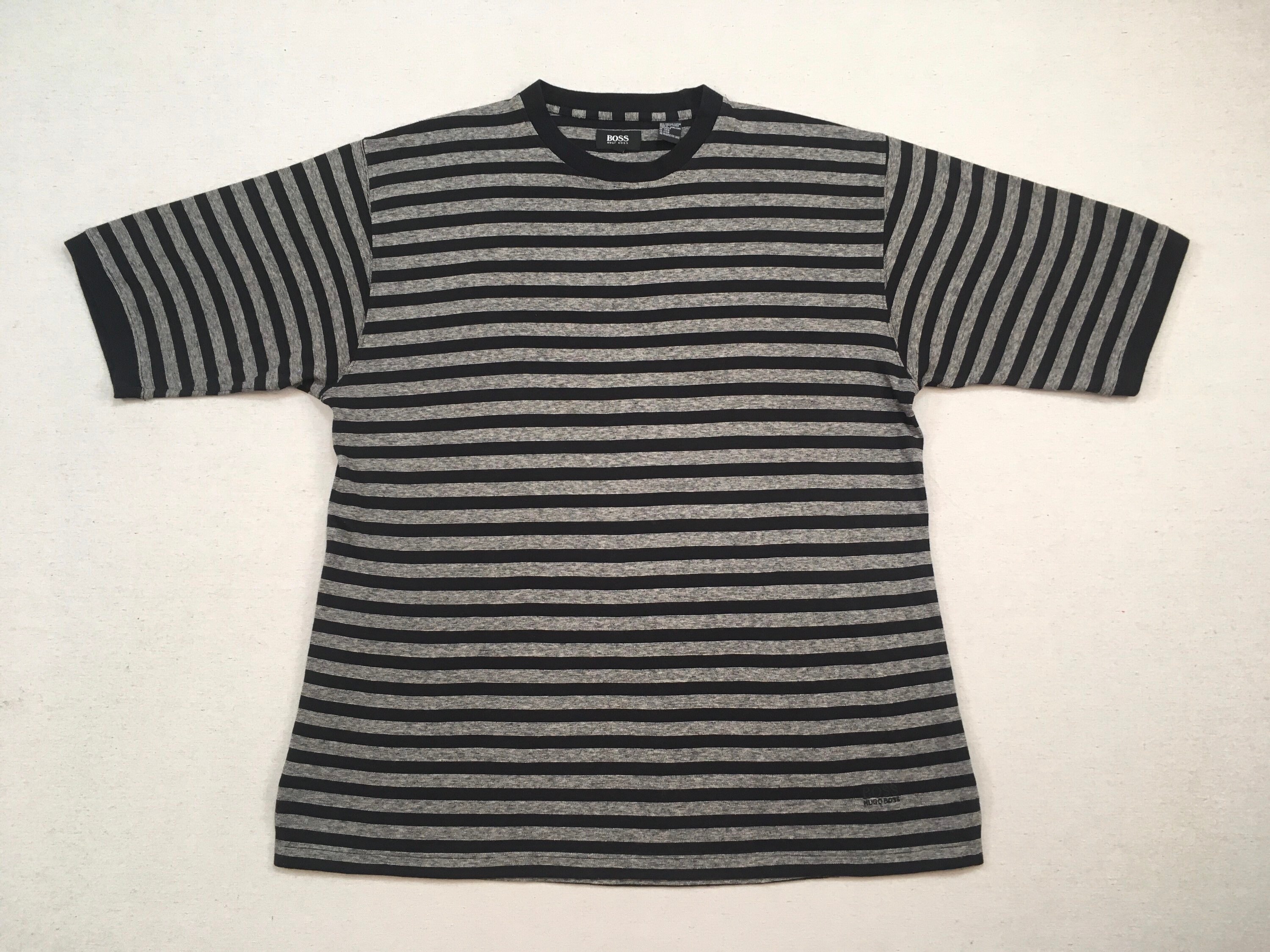 1990's, Cotton/Linen Blend, Oversized Tee, in Blck With Heathered Gray Stripes, By Hugo Boss