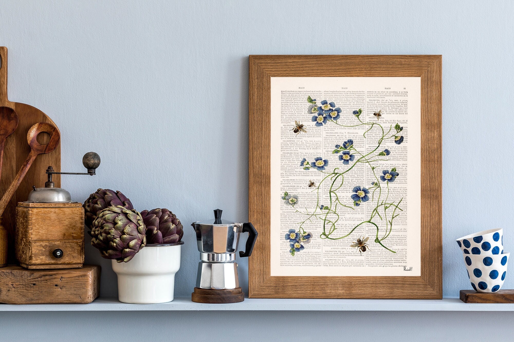 Spring Decor Bees With Blue Wild Flowers Print Housewarming Gift - Bee Wall Art Dictionary Book Page Flower Bfl263