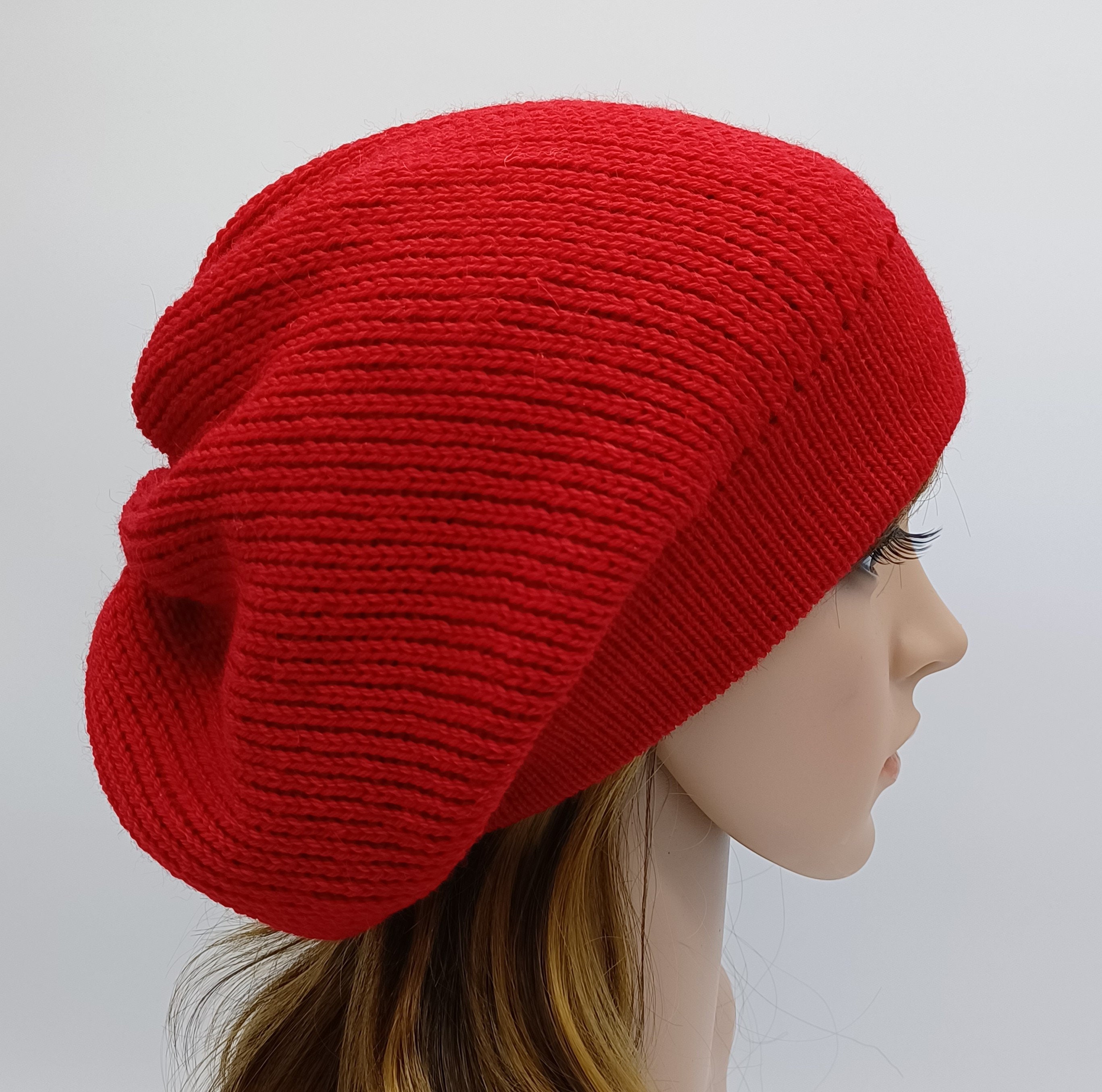 Handmade Red Alpaca Blend Fashion Baggy Beanie, Fall Hat, Knitted Slouch Beret, Stylish Tam