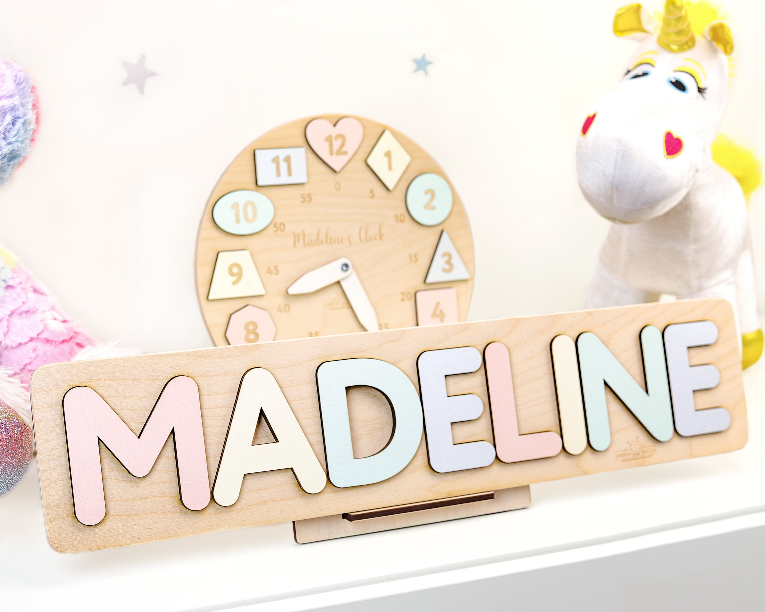 Wooden Baby Name Puzzle Personalized Pastel Custom America Toddler First Birthday Gift Big 3.1 Letters - Madeline