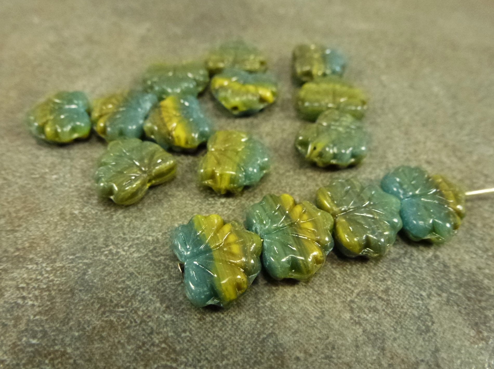 20Pc Earthy Dark Yellow/Teal Blend Maple Leaf Beads 11x13mm Czech Pressed Glass